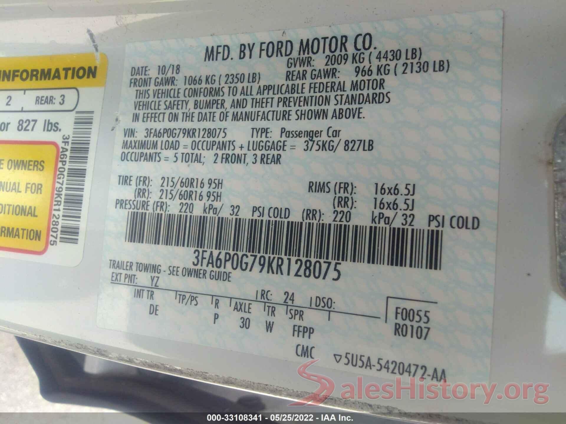 3FA6P0G79KR128075 2019 FORD FUSION