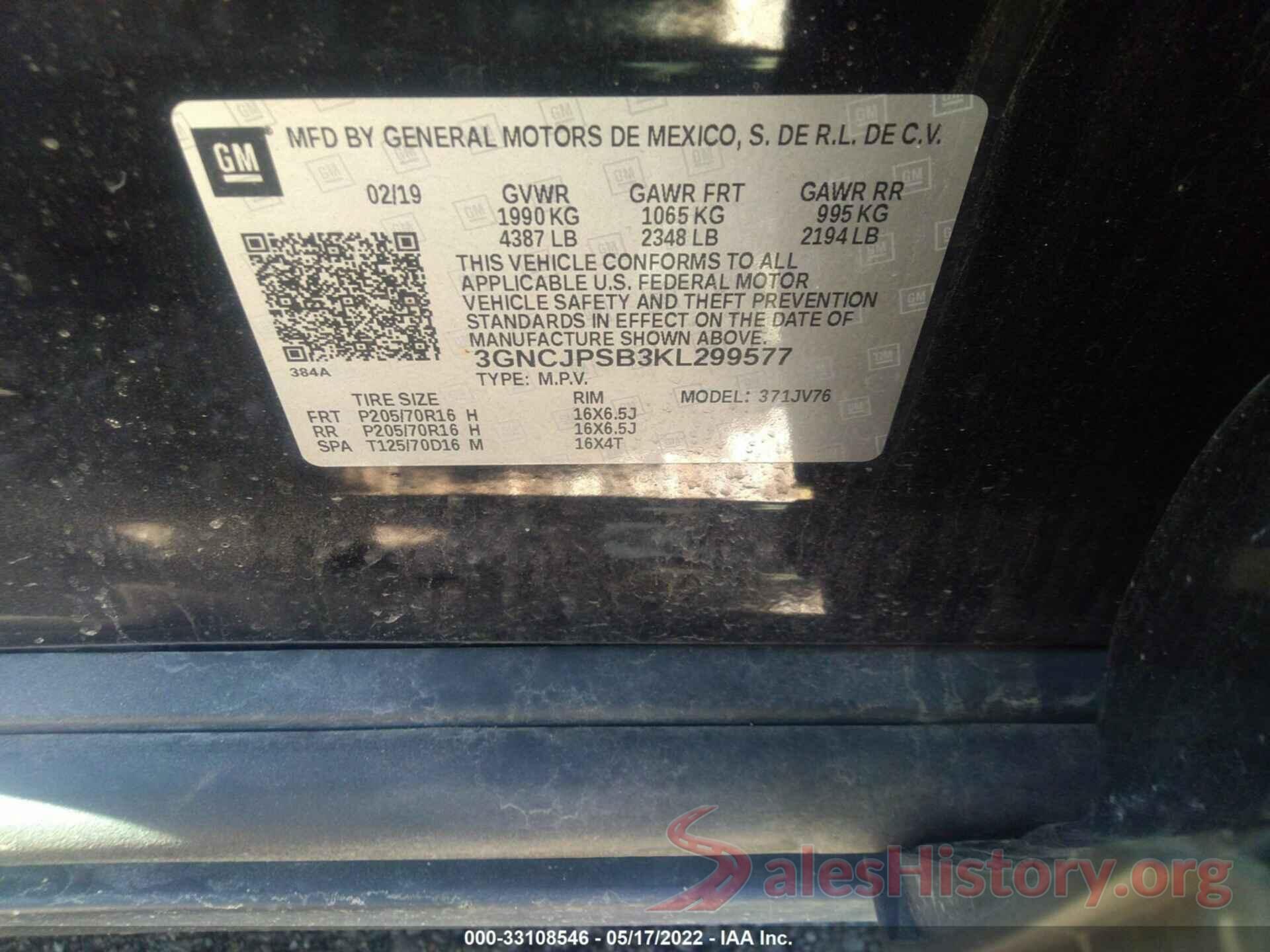 3GNCJPSB3KL299577 2019 CHEVROLET TRAX