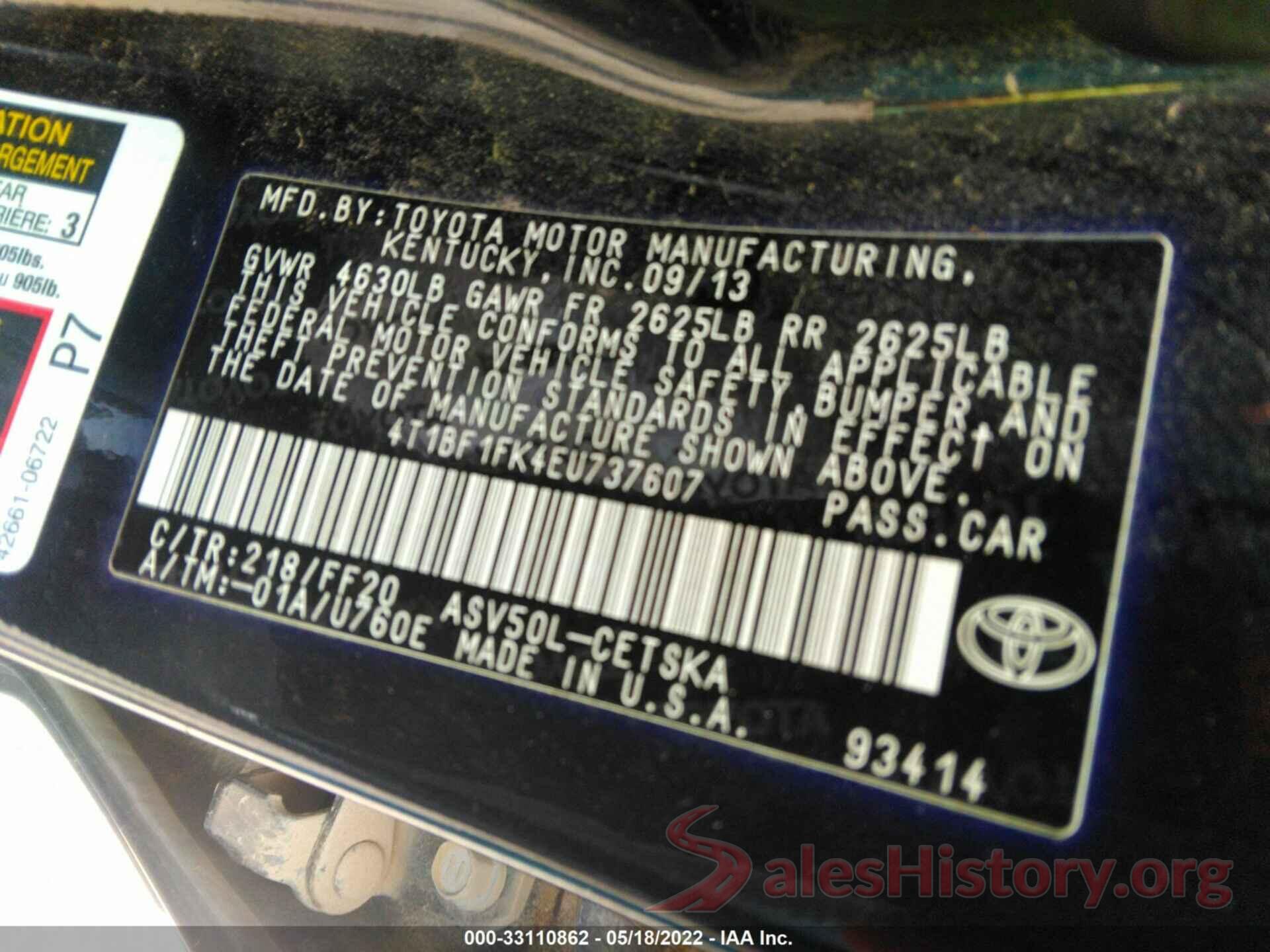 4T1BF1FK4EU737607 2014 TOYOTA CAMRY