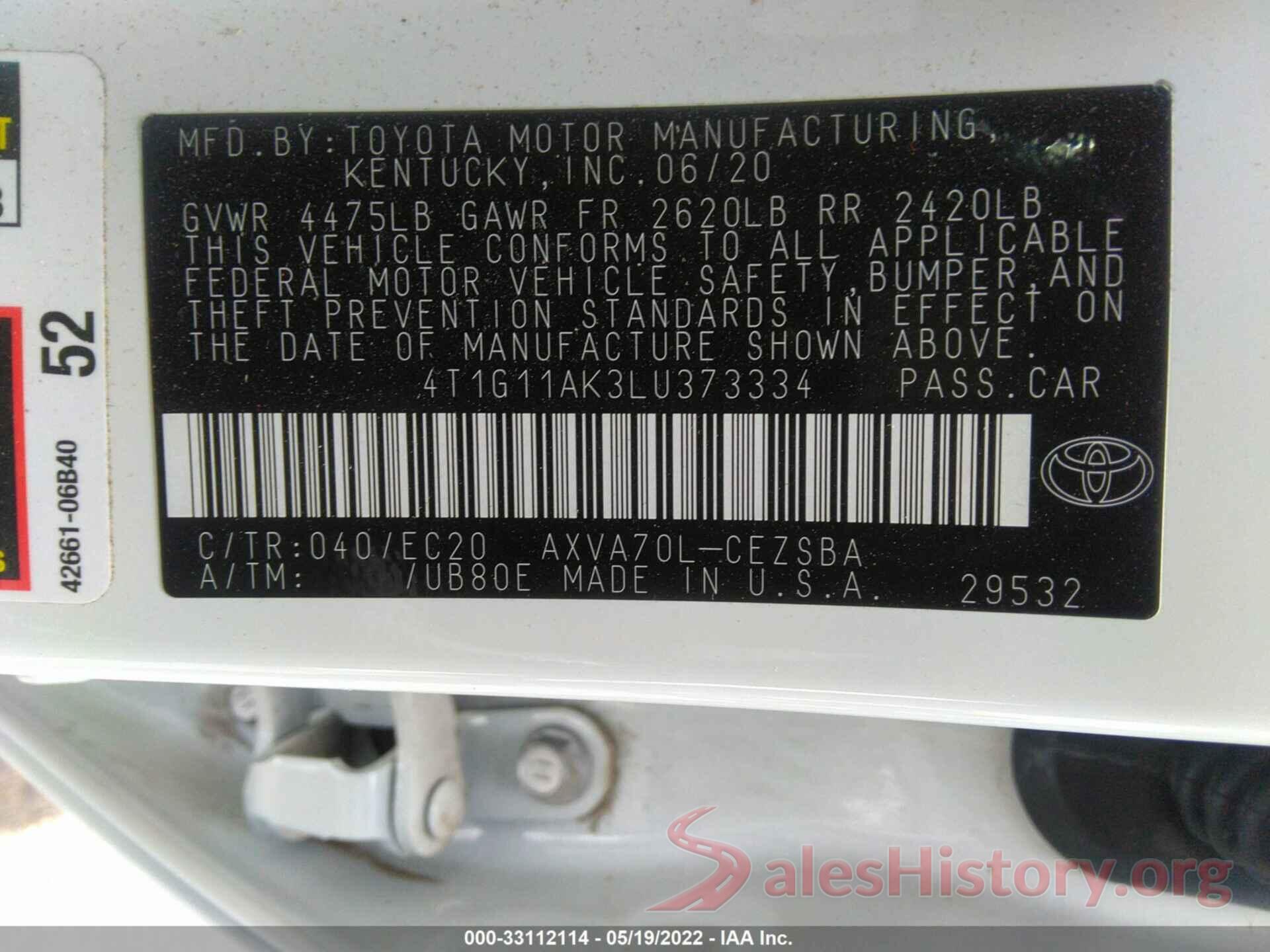 4T1G11AK3LU373334 2020 TOYOTA CAMRY