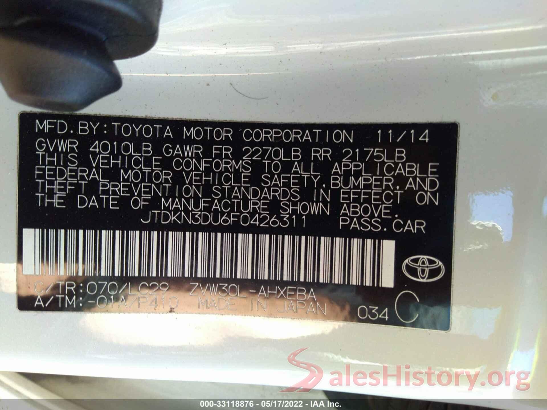 JTDKN3DU6F0426311 2015 TOYOTA PRIUS