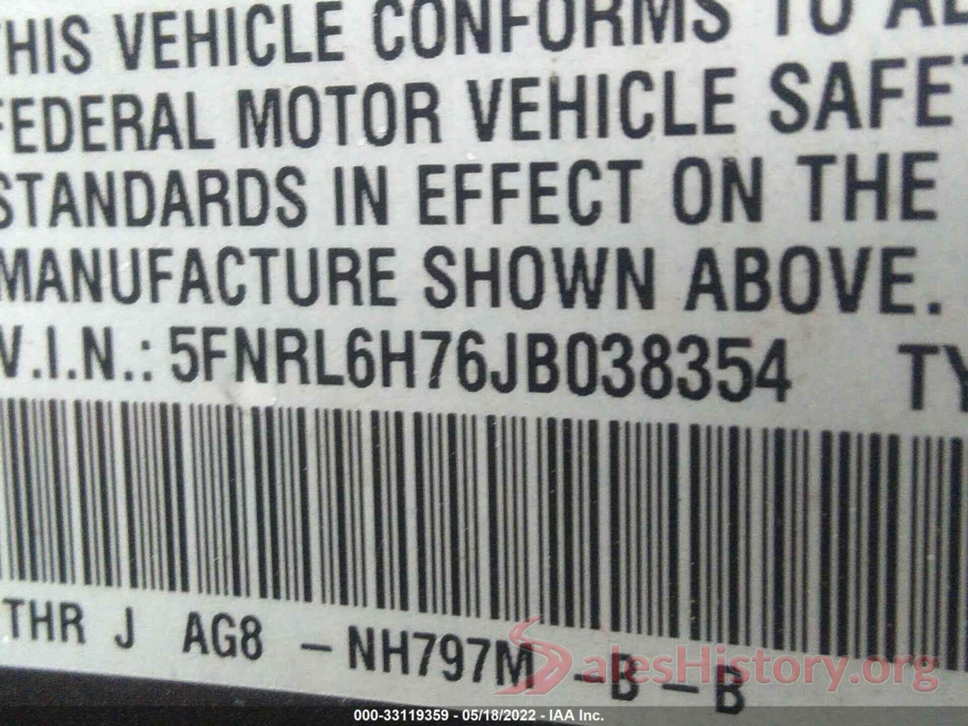 5FNRL6H76JB038354 2018 HONDA ODYSSEY