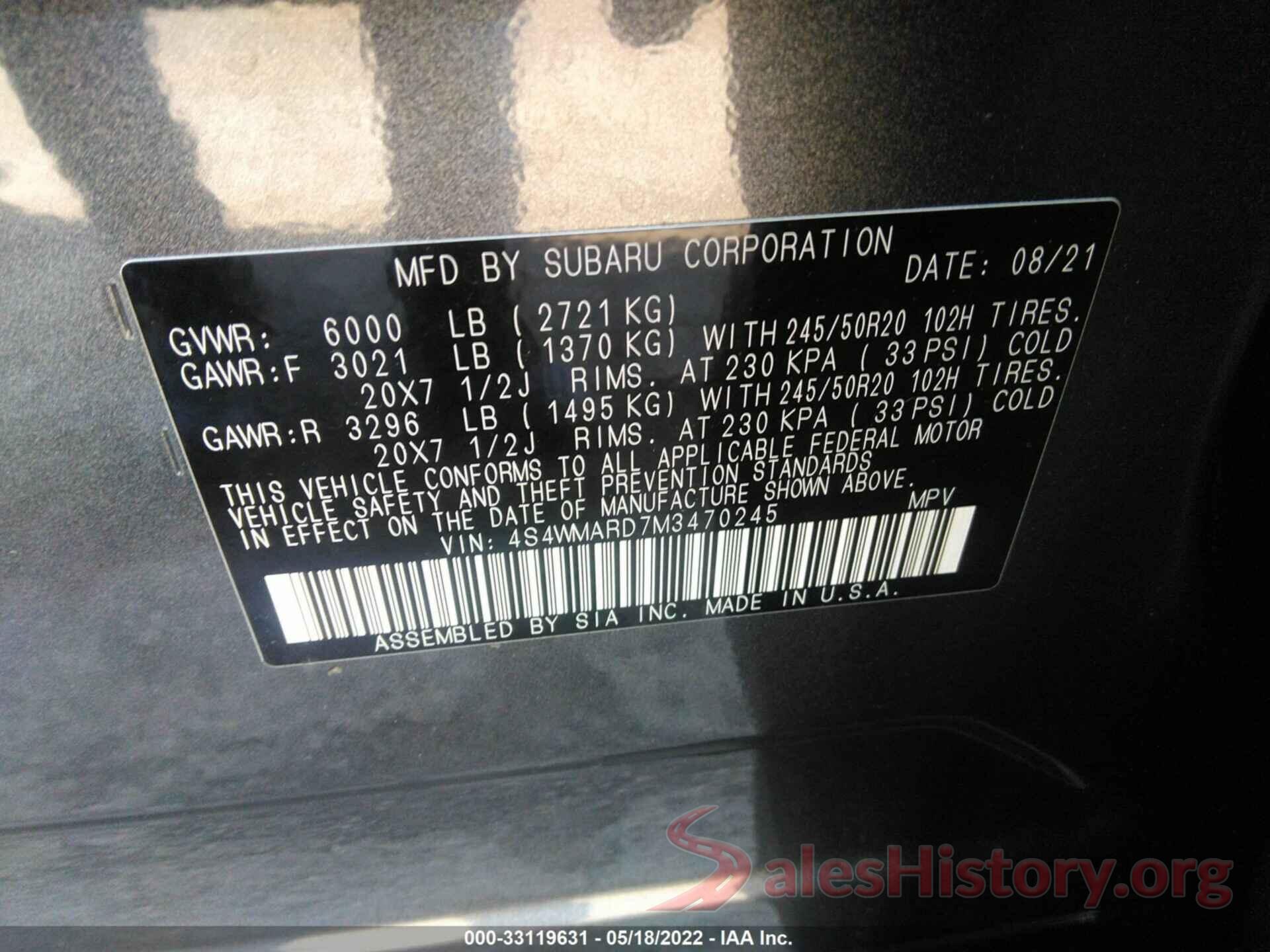 4S4WMARD7M3470245 2021 SUBARU ASCENT