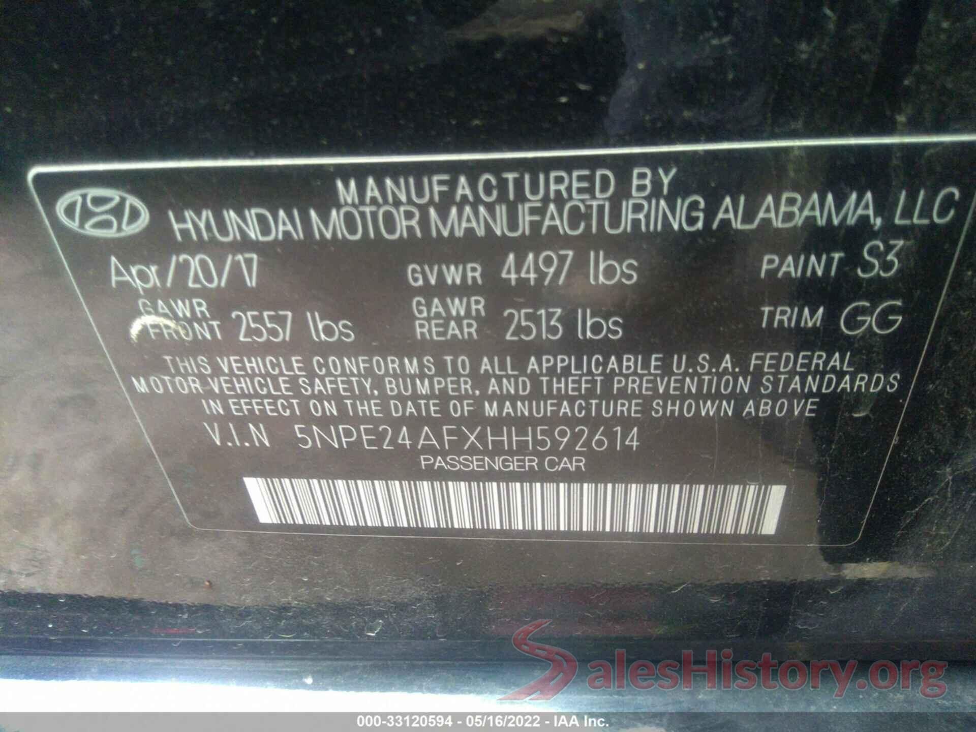 5NPE24AFXHH592614 2017 HYUNDAI SONATA