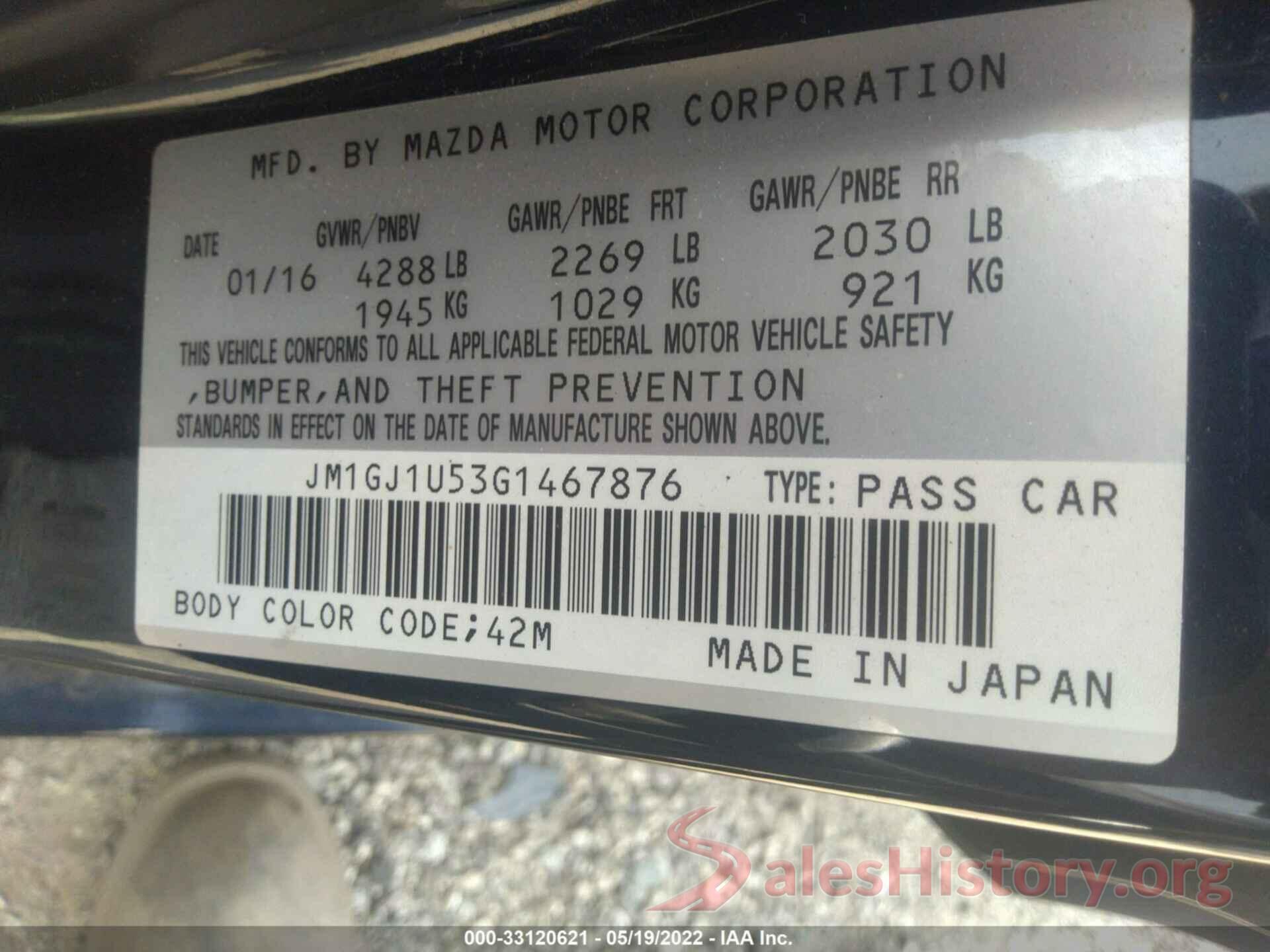 JM1GJ1U53G1467876 2016 MAZDA MAZDA6