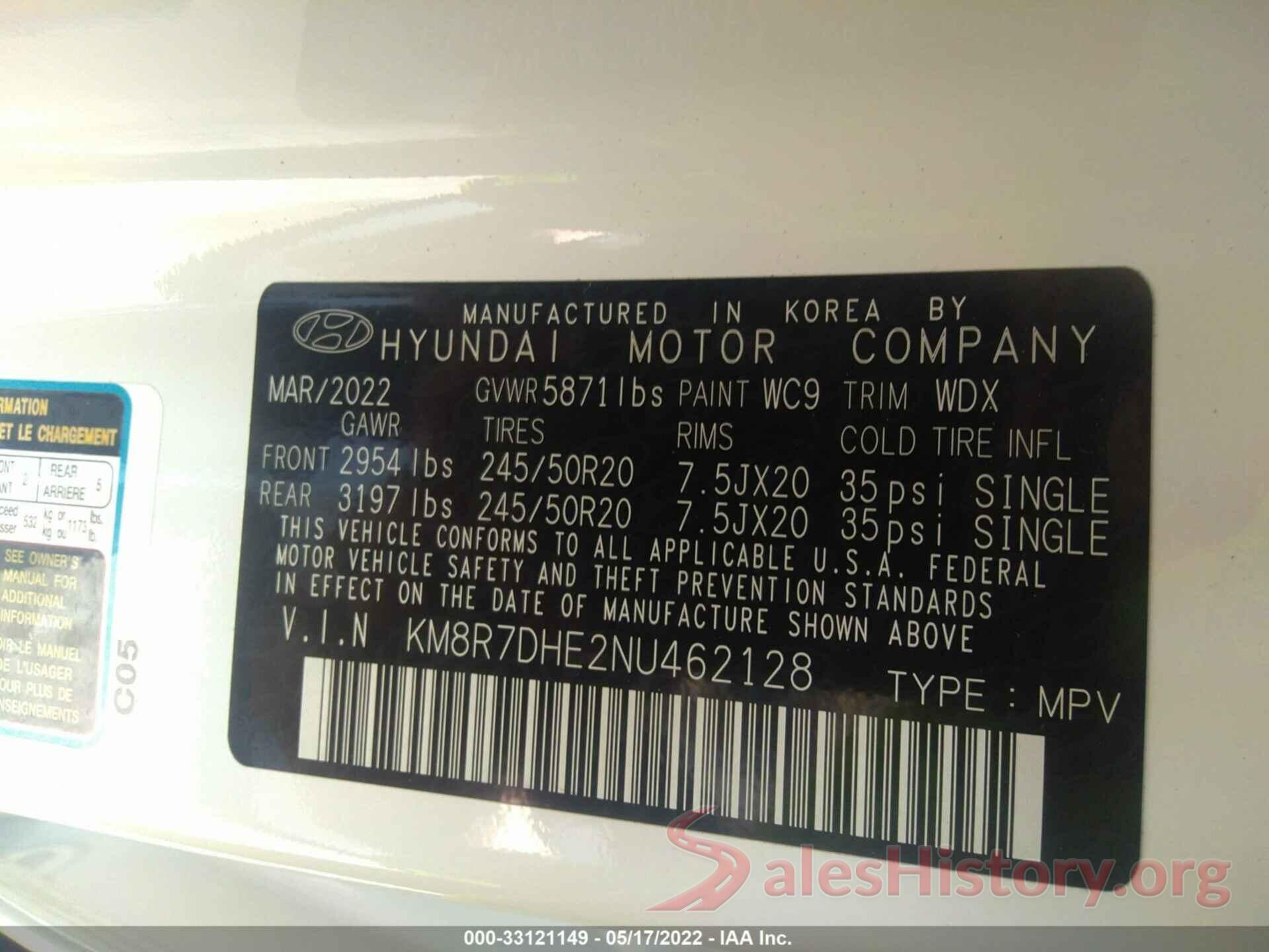 KM8R7DHE2NU462128 2022 HYUNDAI PALISADE