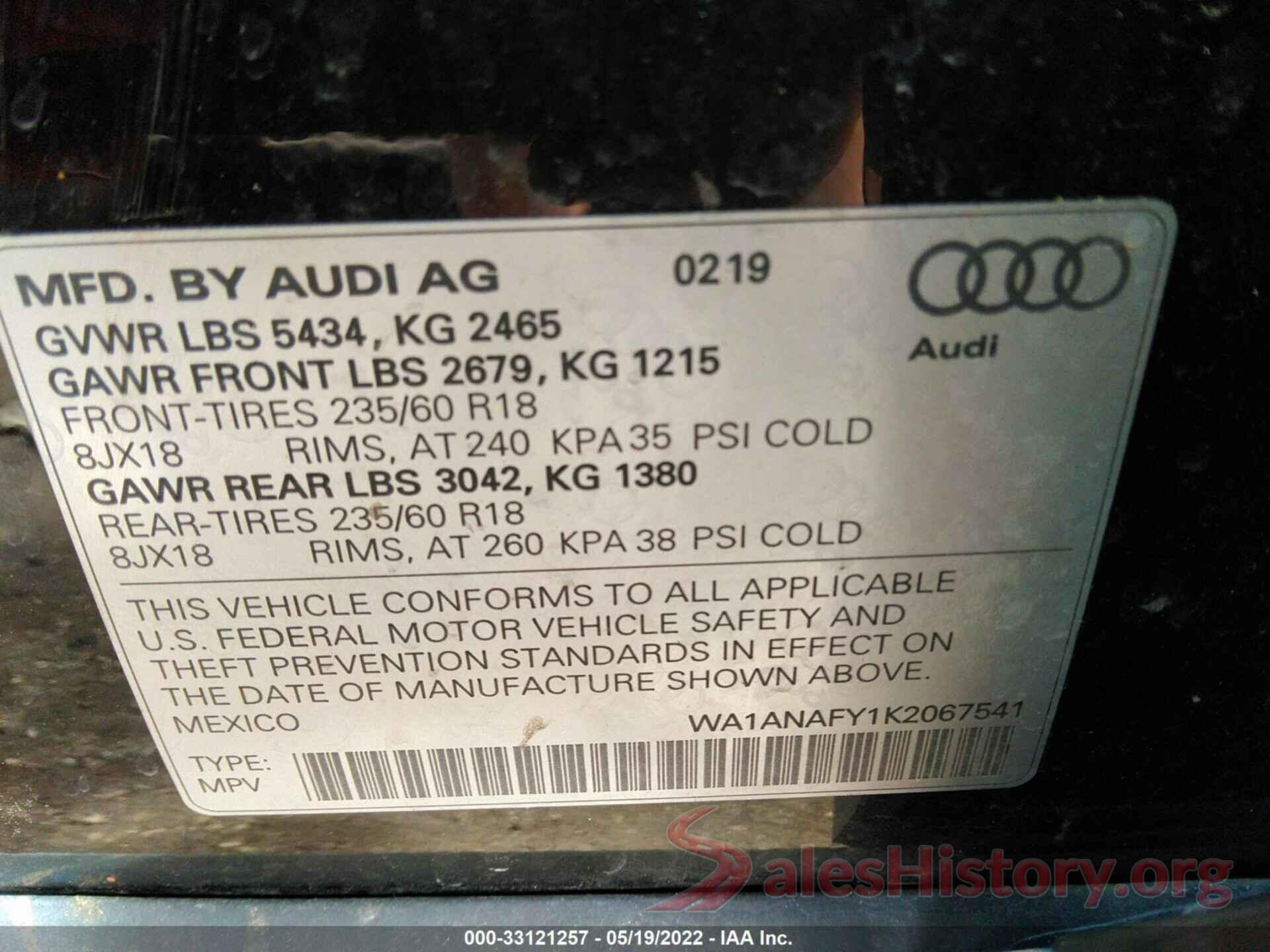 WA1ANAFY1K2067541 2019 AUDI Q5