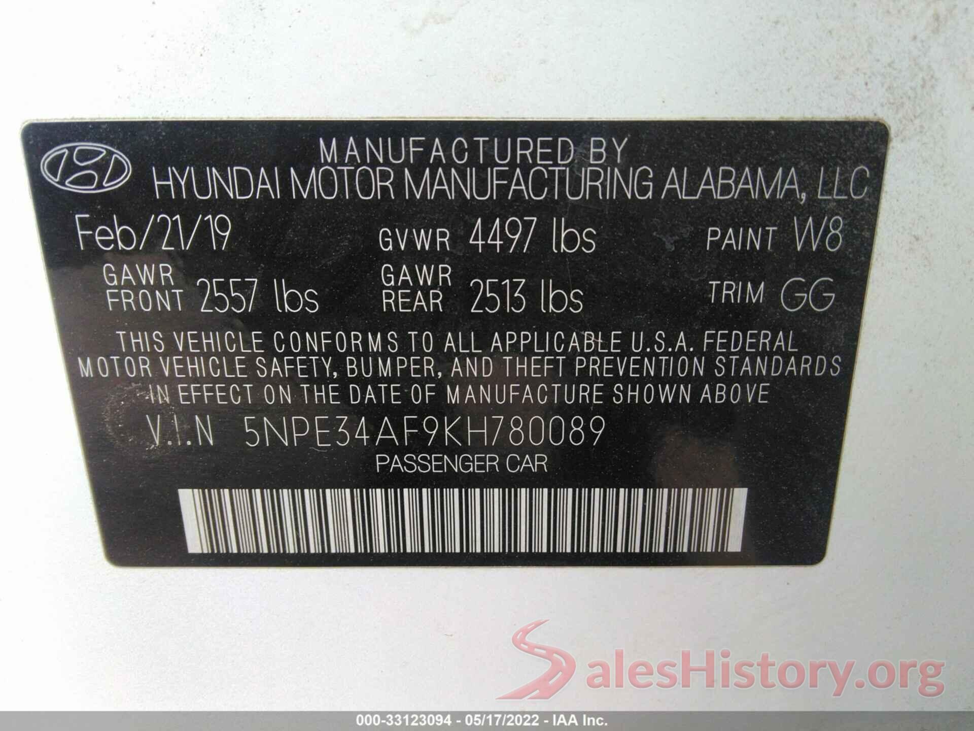 5NPE34AF9KH780089 2019 HYUNDAI SONATA