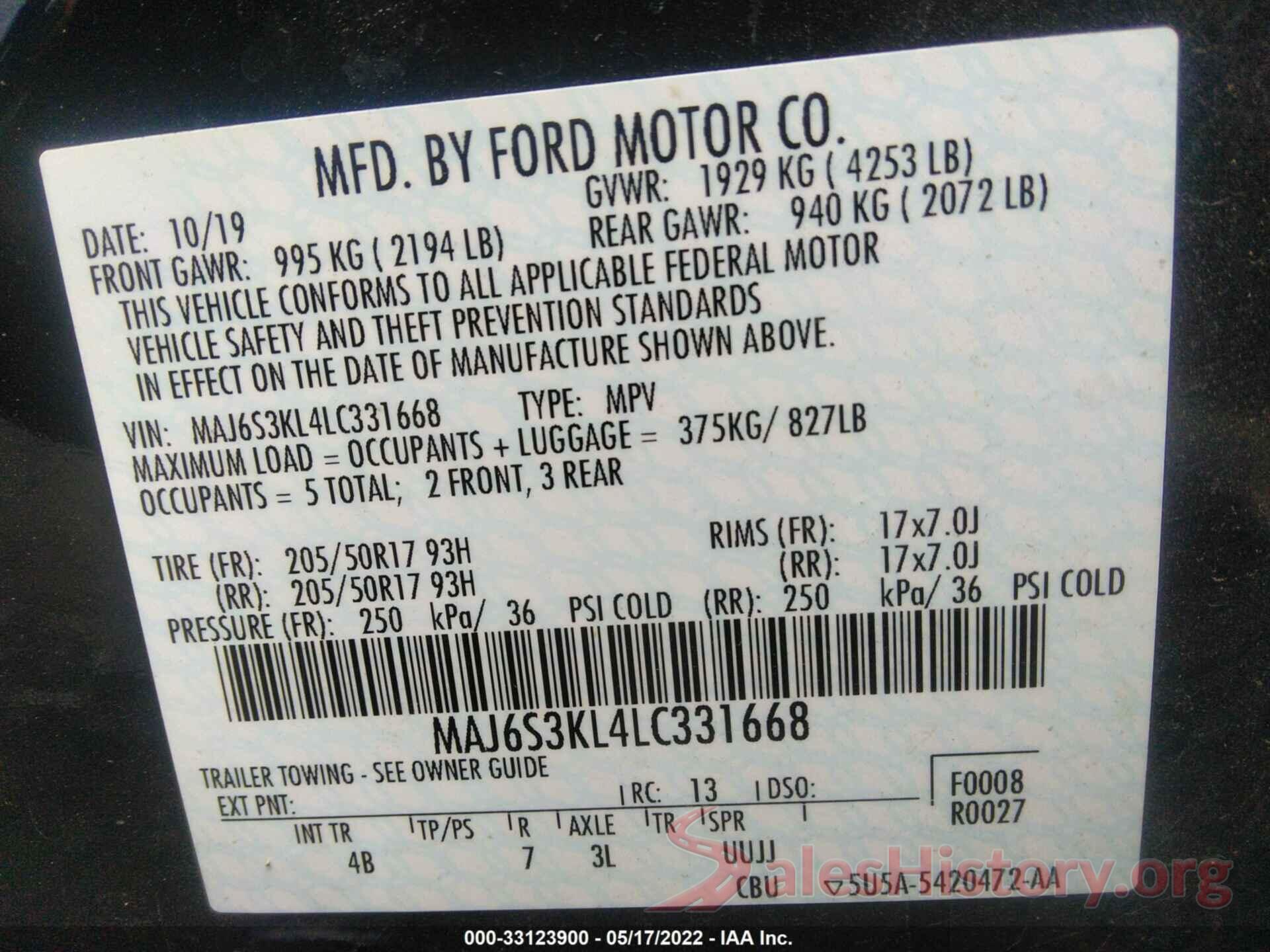 MAJ6S3KL4LC331668 2020 FORD ECOSPORT