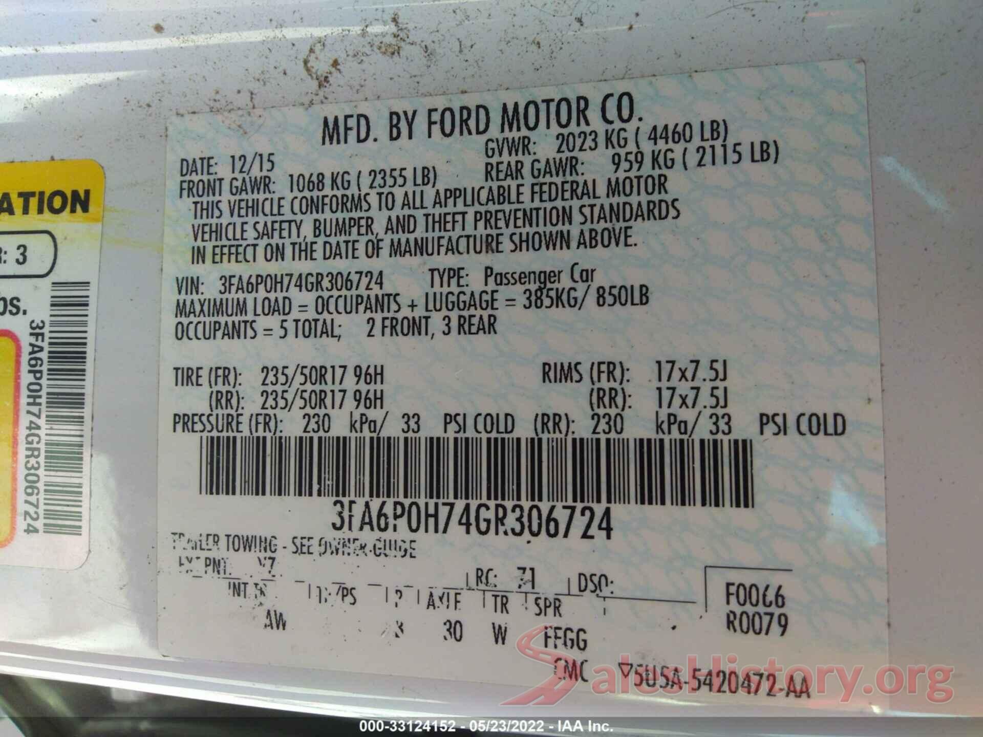 3FA6P0H74GR306724 2016 FORD FUSION