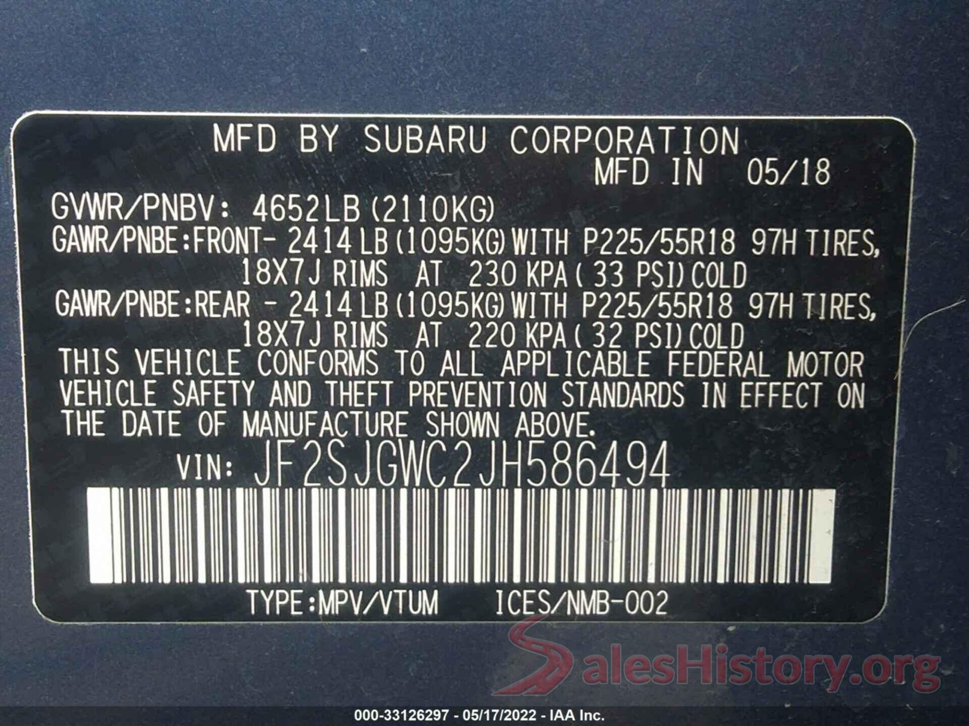 JF2SJGWC2JH586494 2018 SUBARU FORESTER