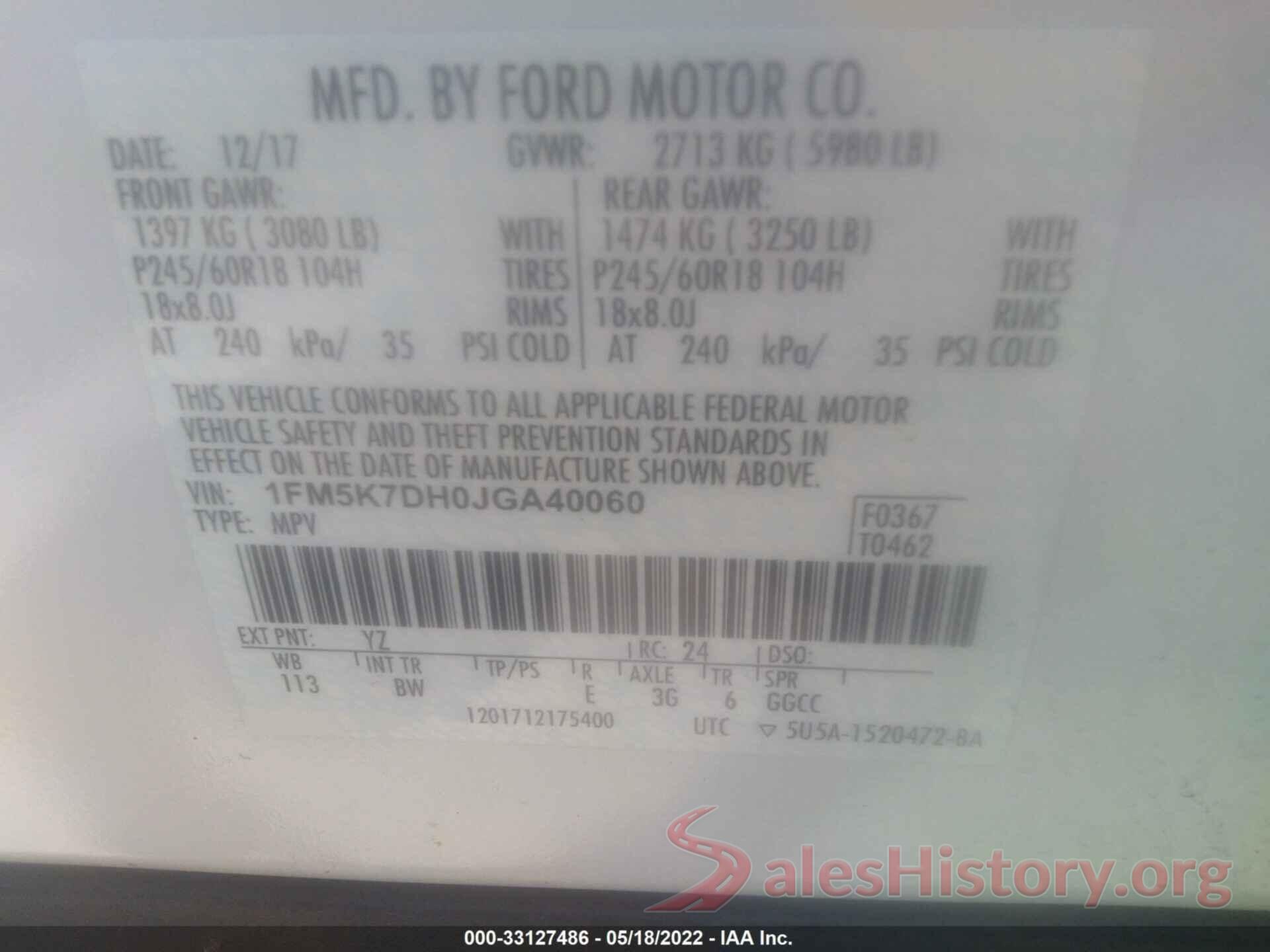 1FM5K7DH0JGA40060 2018 FORD EXPLORER