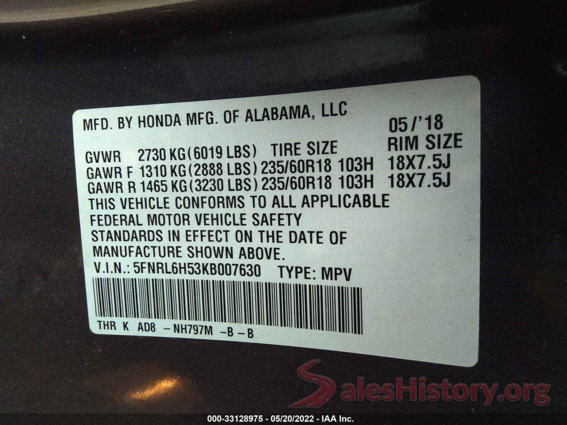 5FNRL6H53KB007630 2019 HONDA ODYSSEY