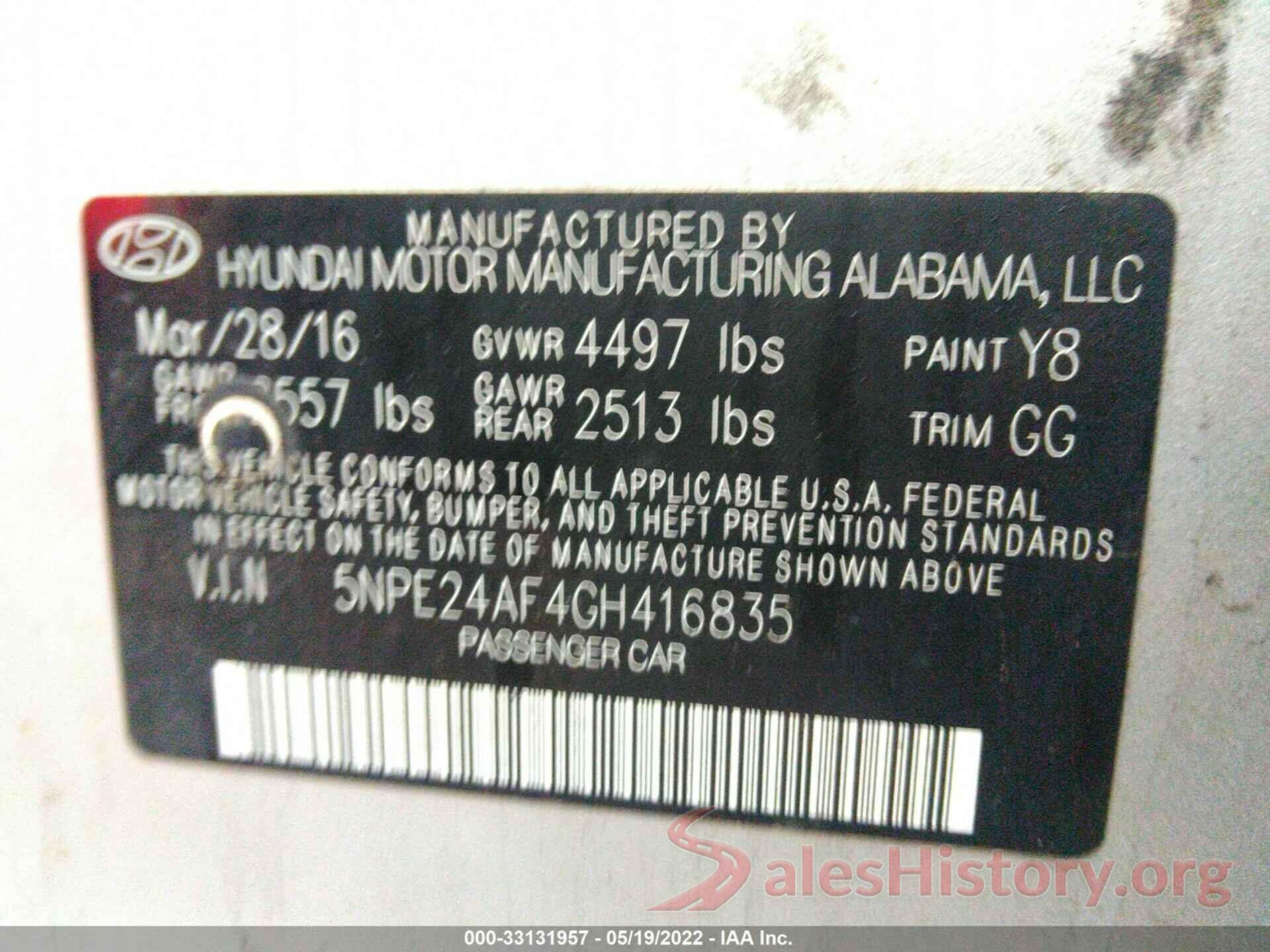 5NPE24AF4GH416835 2016 HYUNDAI SONATA