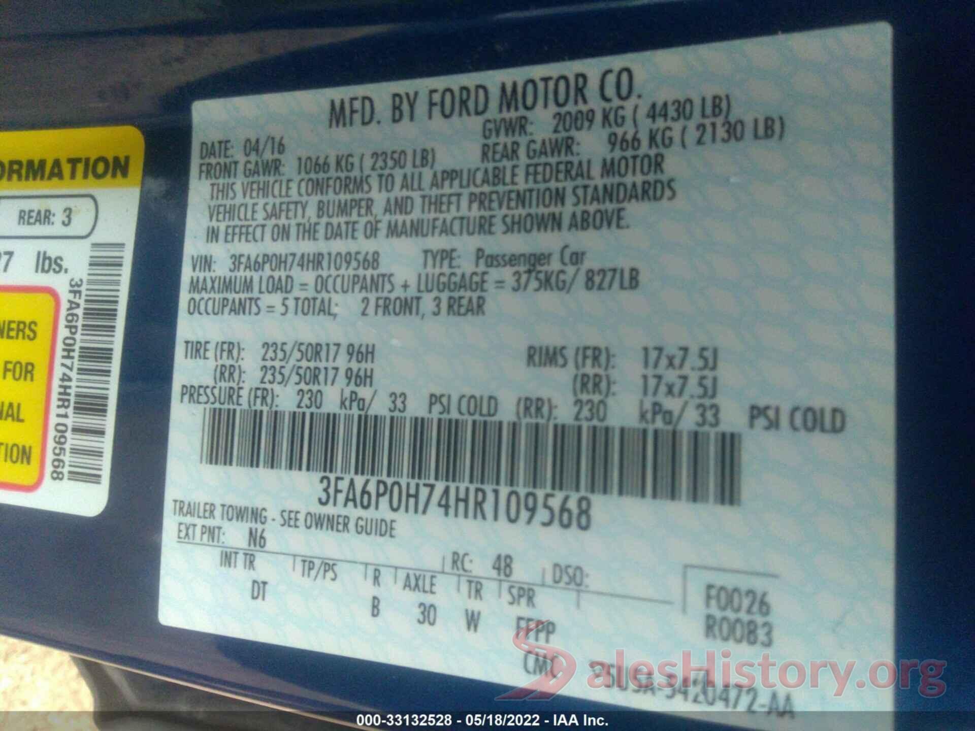 3FA6P0H74HR109568 2017 FORD FUSION