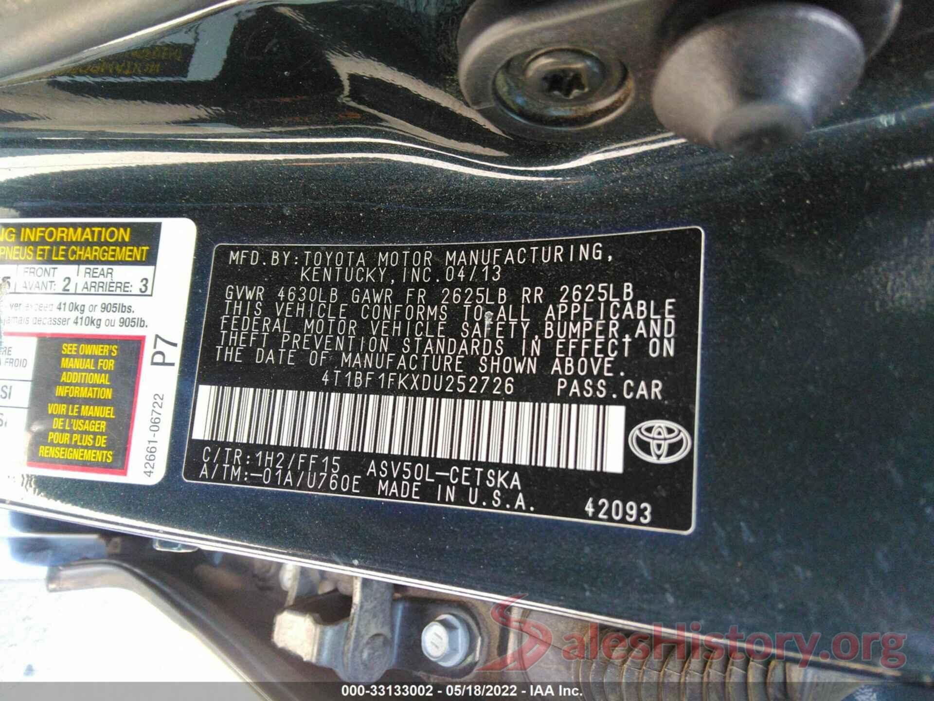 4T1BF1FKXDU252726 2013 TOYOTA CAMRY