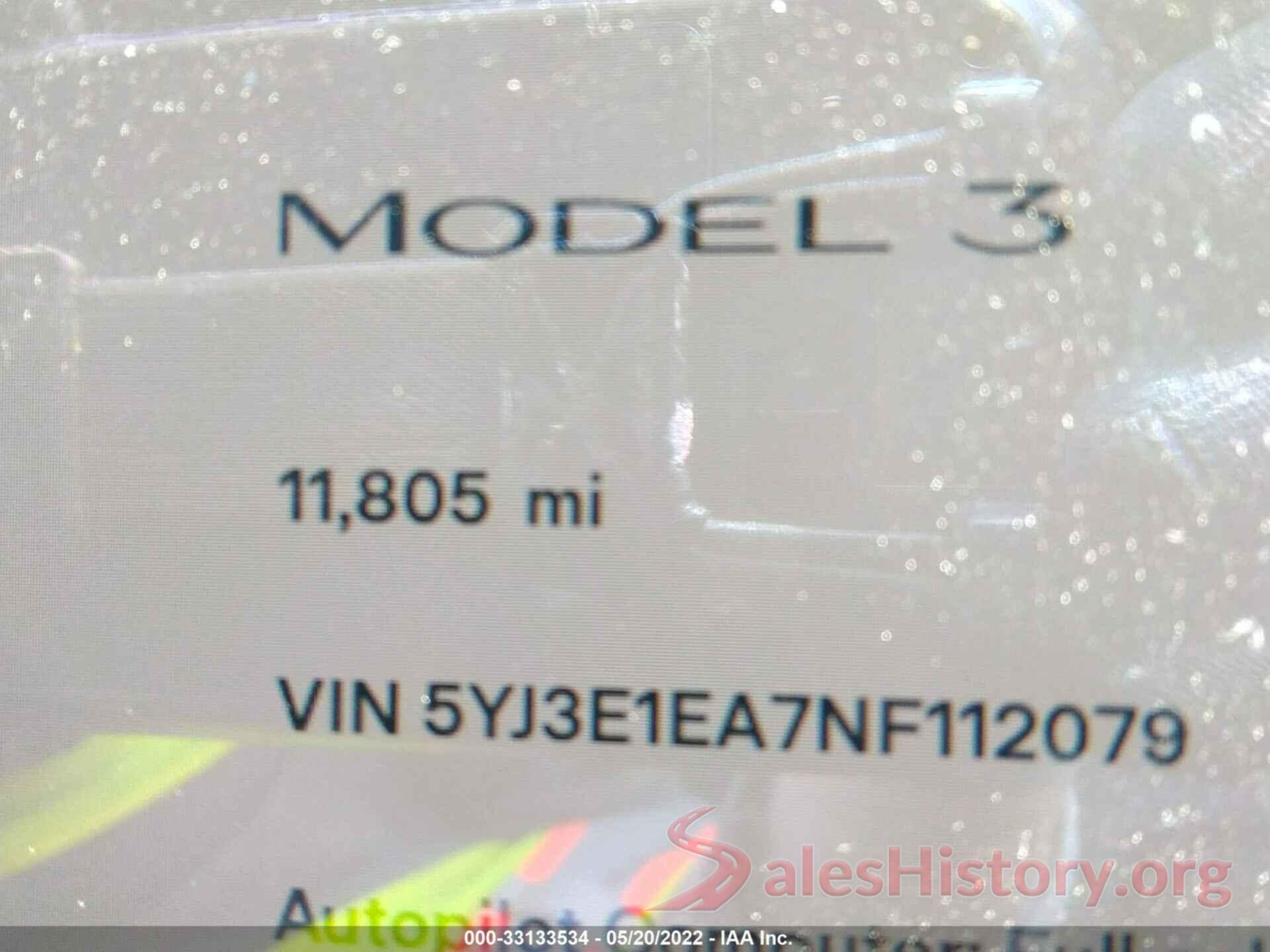 5YJ3E1EA7NF112079 2022 TESLA MODEL 3