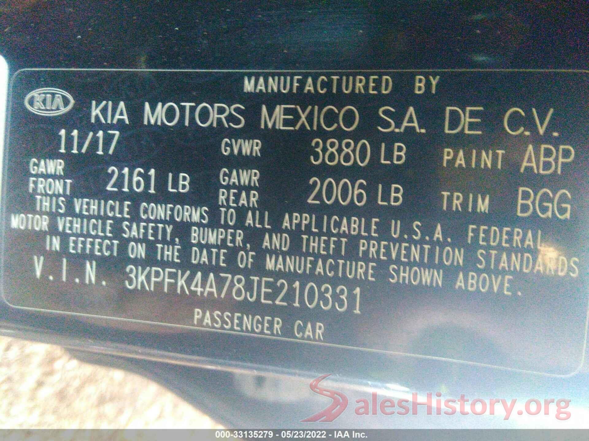 3KPFK4A78JE210331 2018 KIA FORTE