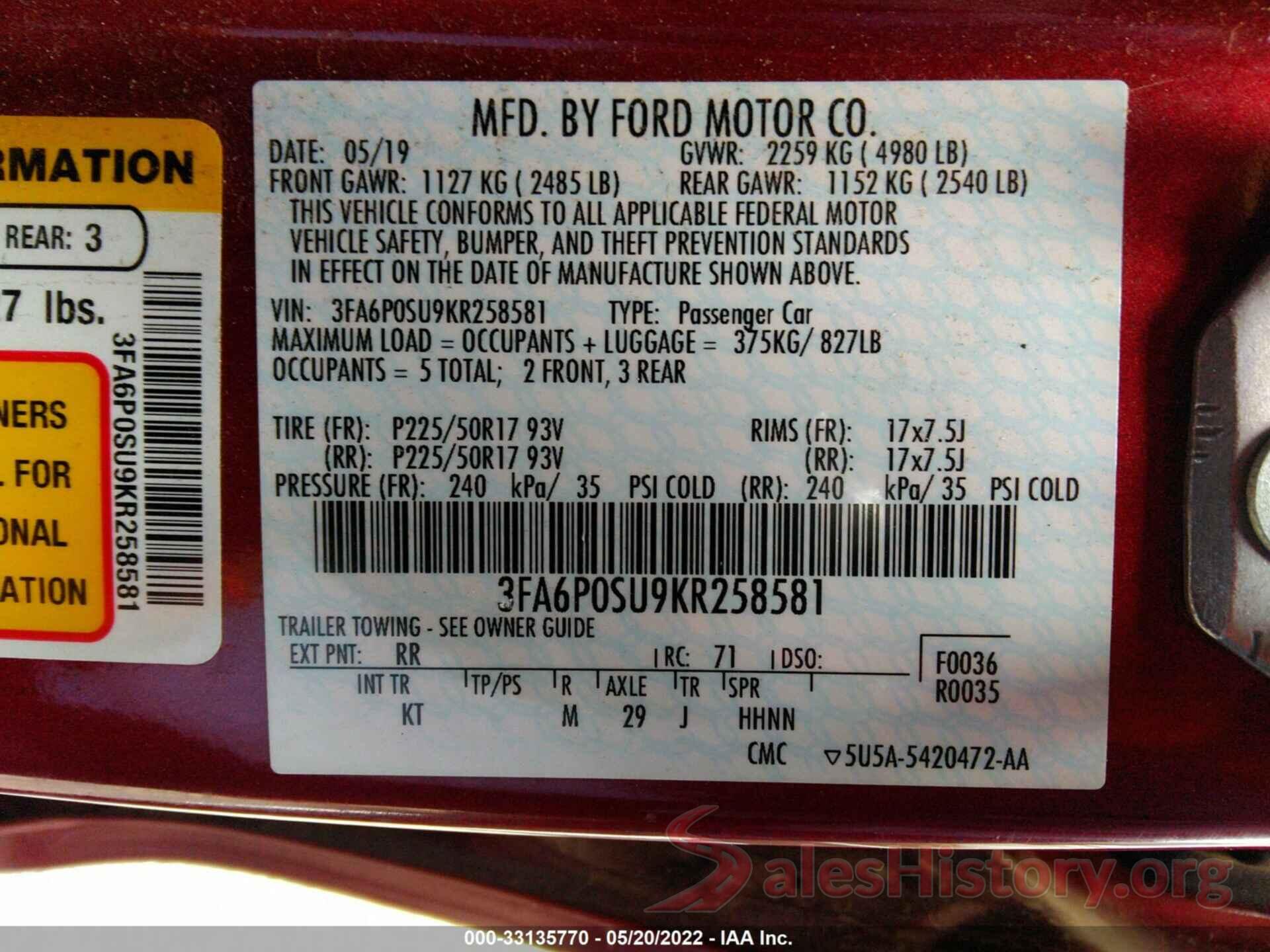 3FA6P0SU9KR258581 2019 FORD FUSION ENERGI