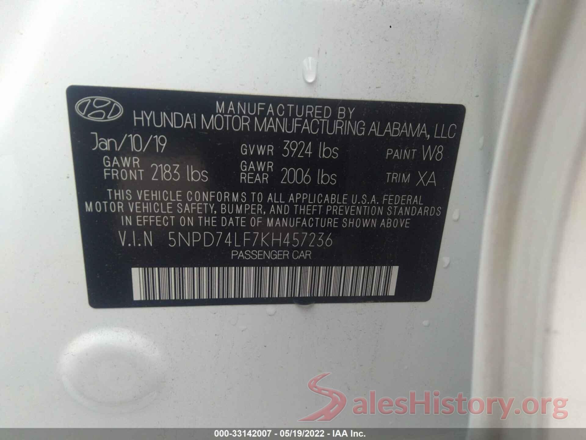 5NPD74LF7KH457236 2019 HYUNDAI ELANTRA