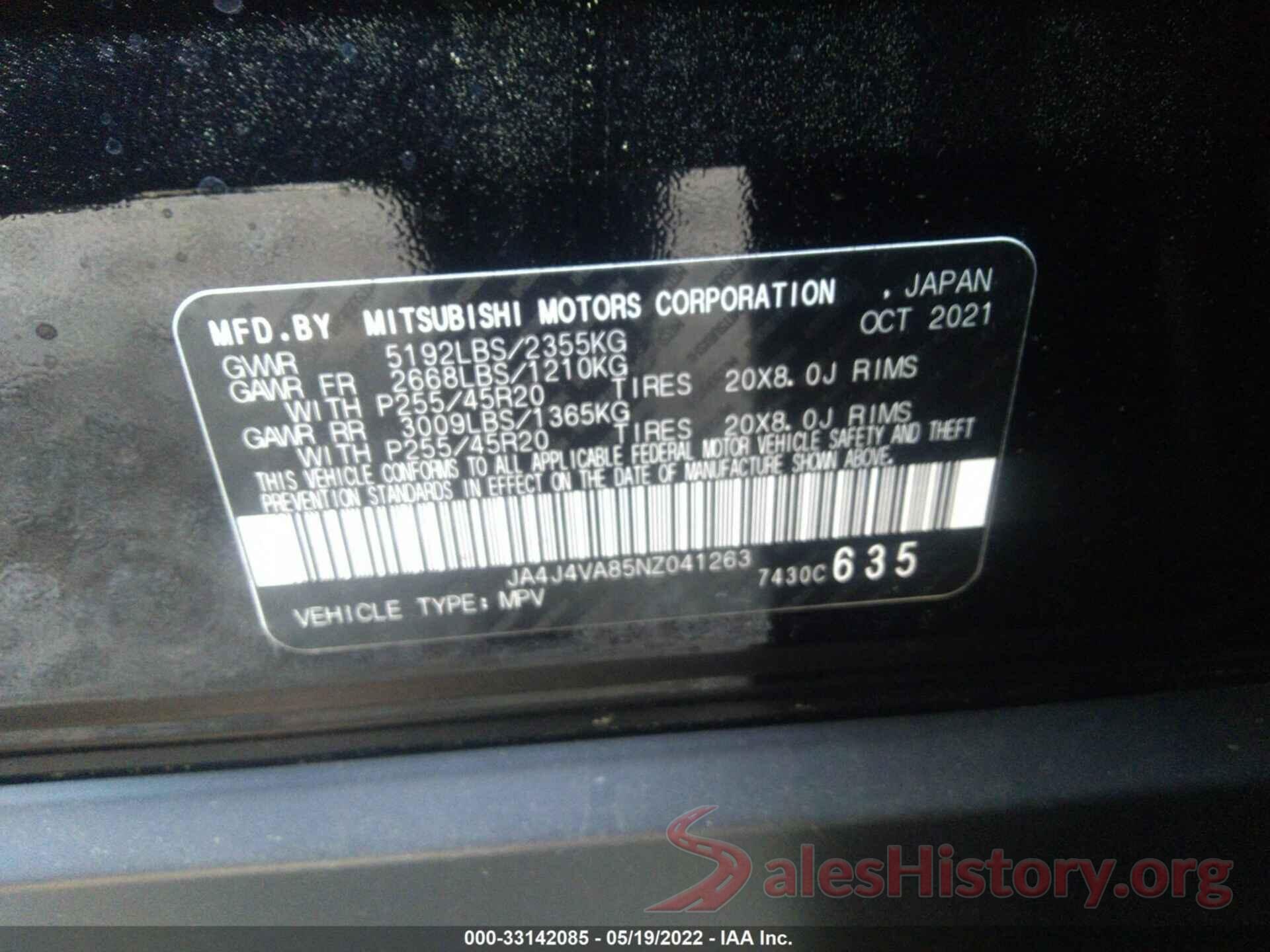 JA4J4VA85NZ041263 2022 MITSUBISHI OUTLANDER