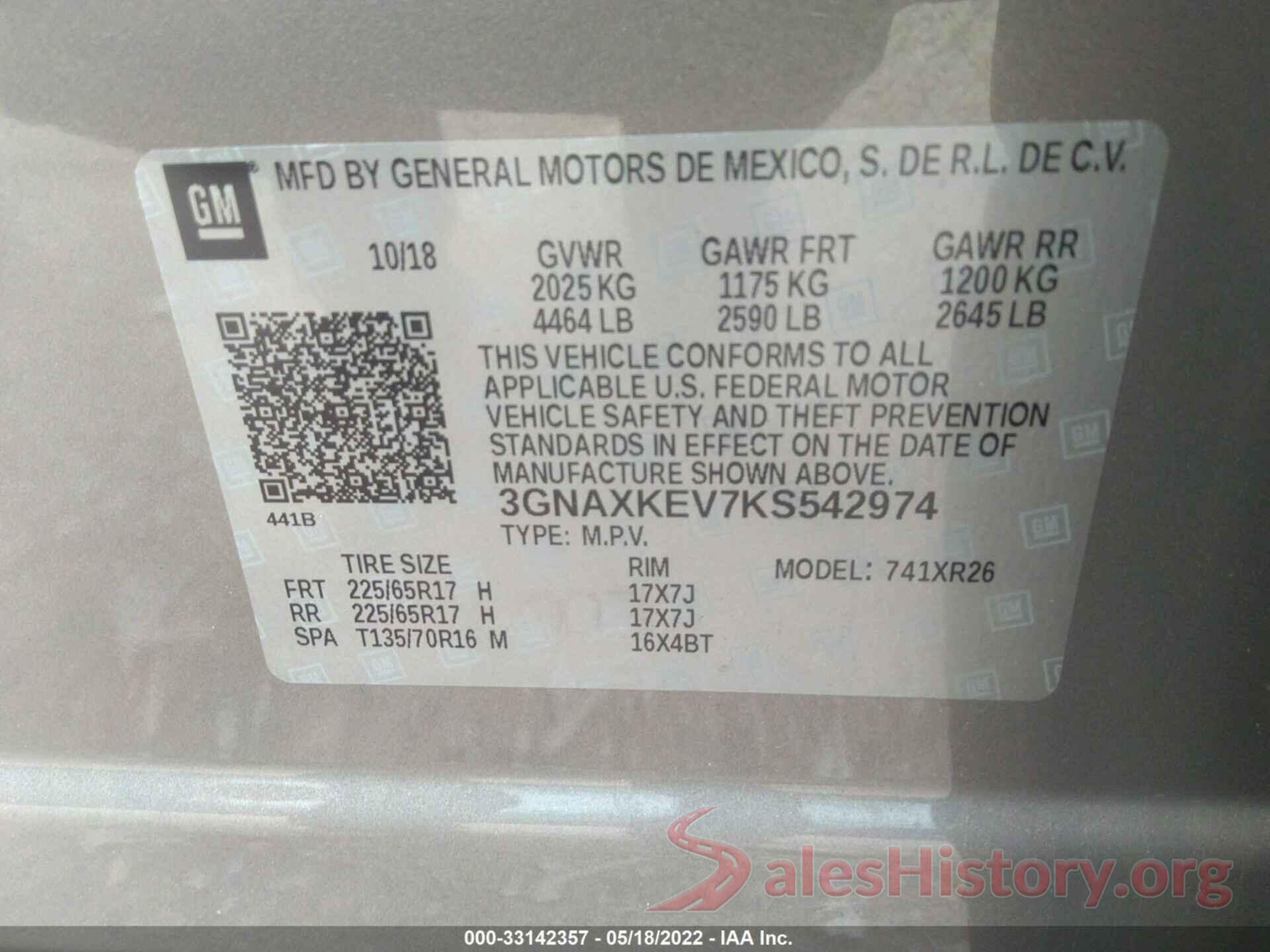 3GNAXKEV7KS542974 2019 CHEVROLET EQUINOX