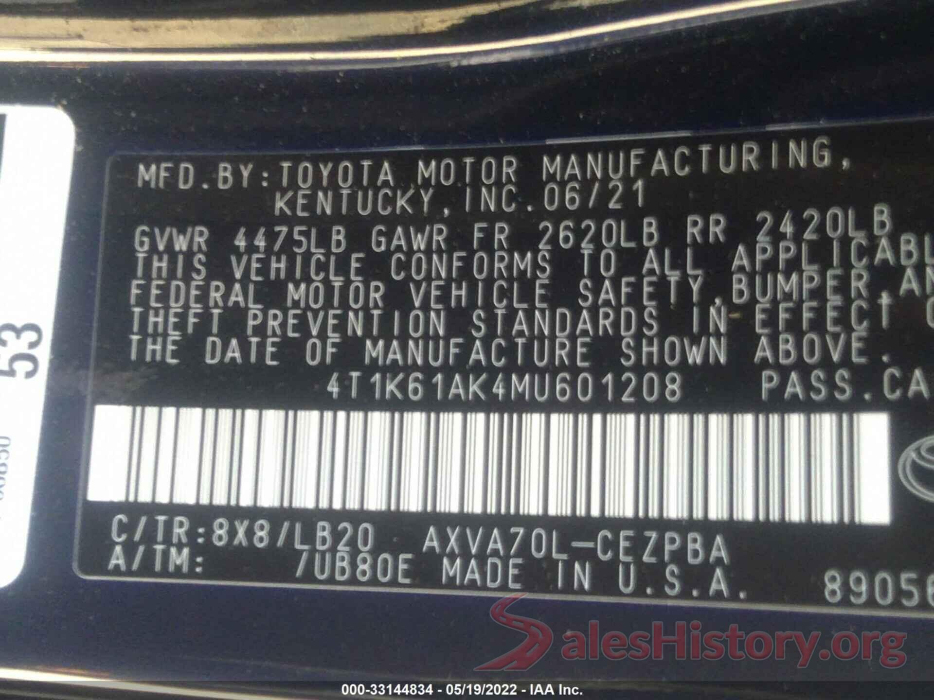 4T1K61AK4MU601208 2021 TOYOTA CAMRY