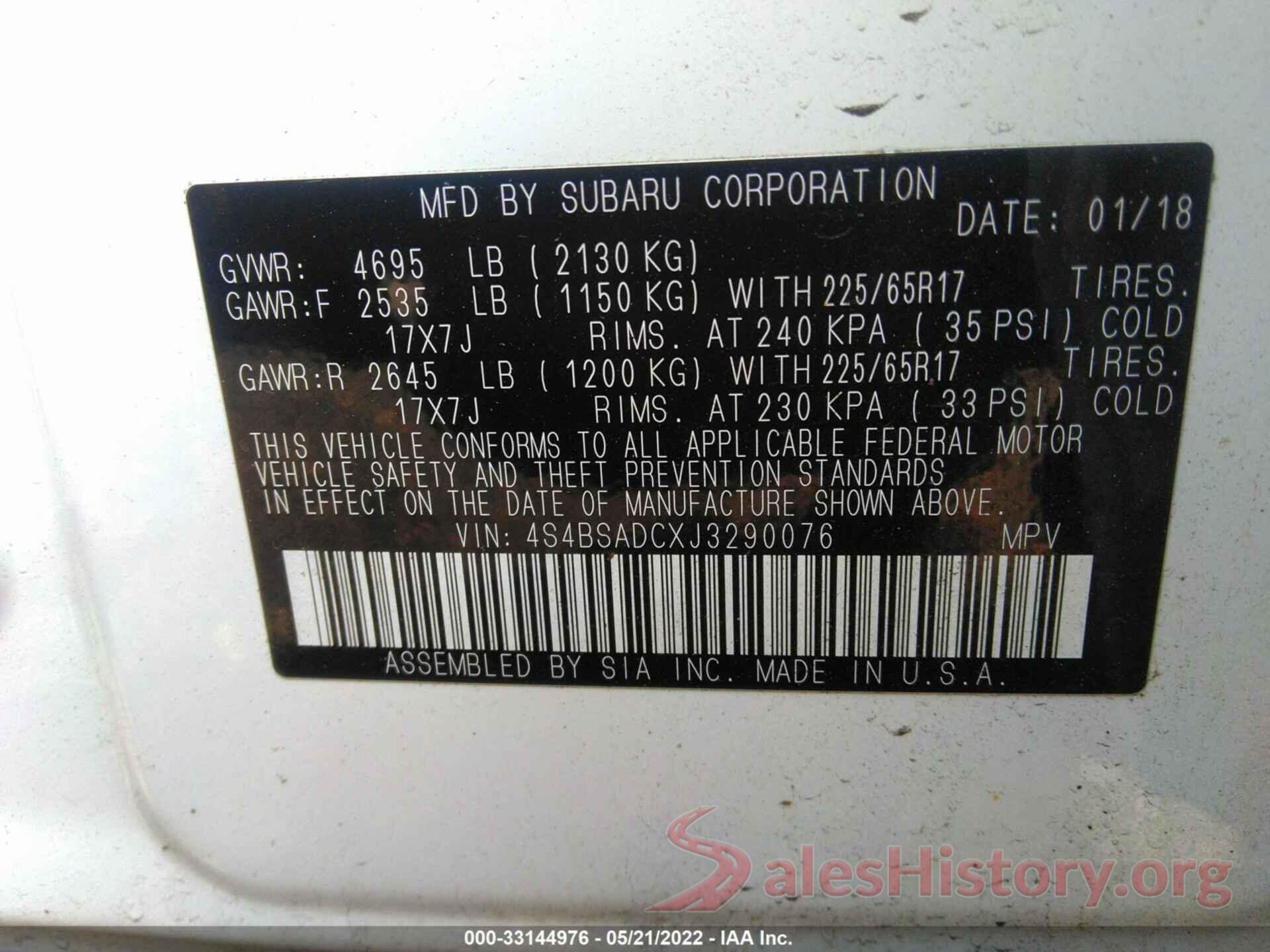 4S4BSADCXJ3290076 2018 SUBARU OUTBACK