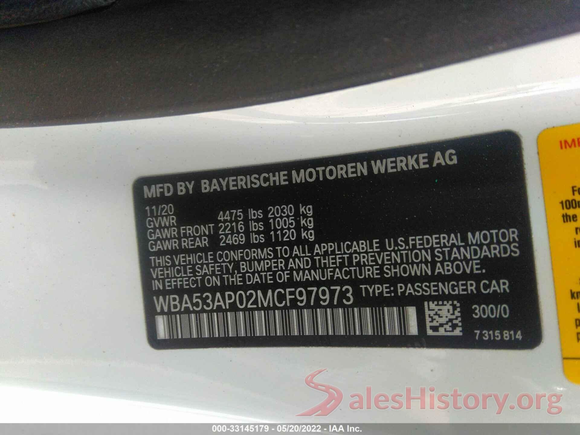 WBA53AP02MCF97973 2021 BMW 4 SERIES