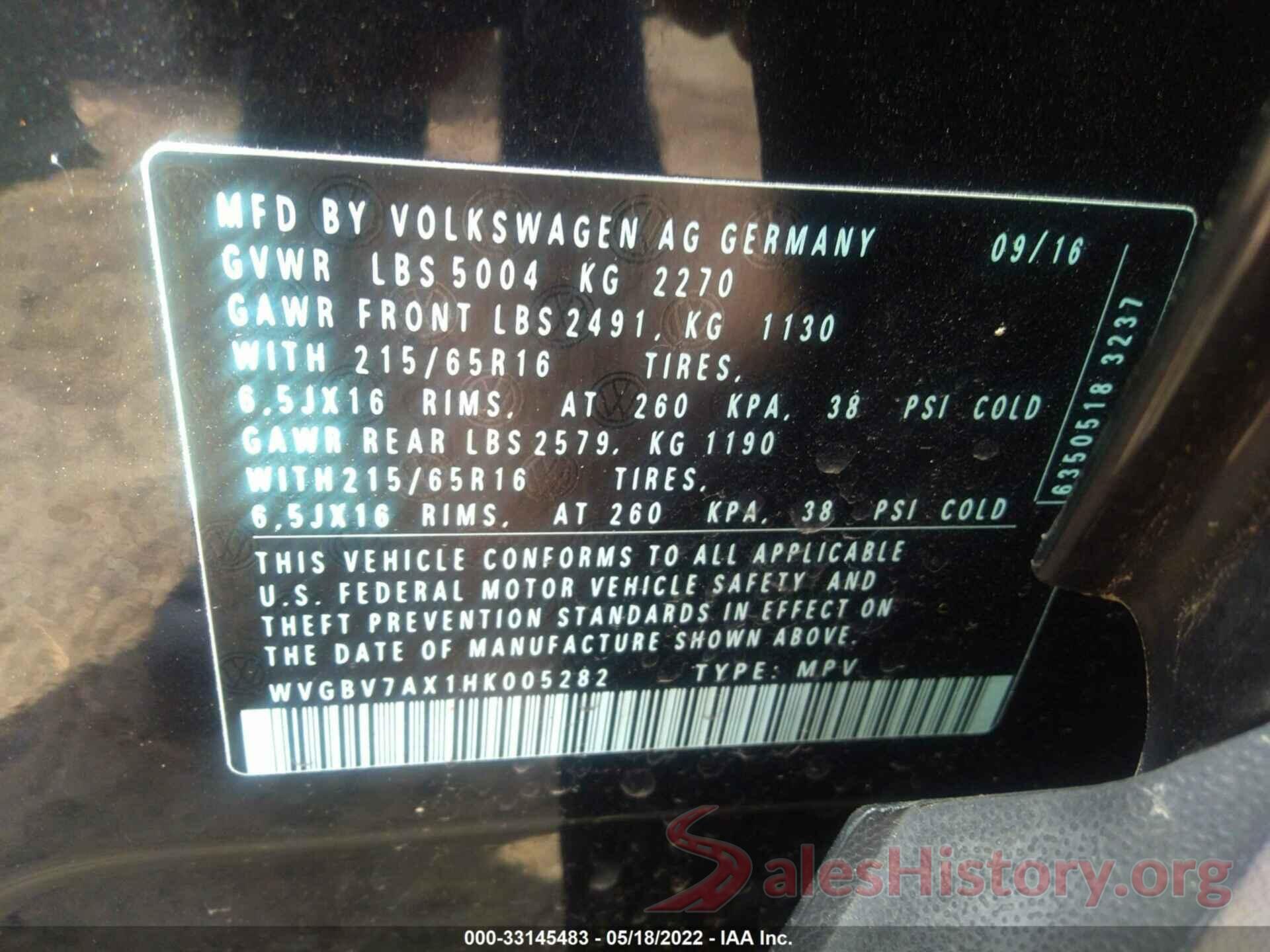 WVGBV7AX1HK005282 2017 VOLKSWAGEN TIGUAN