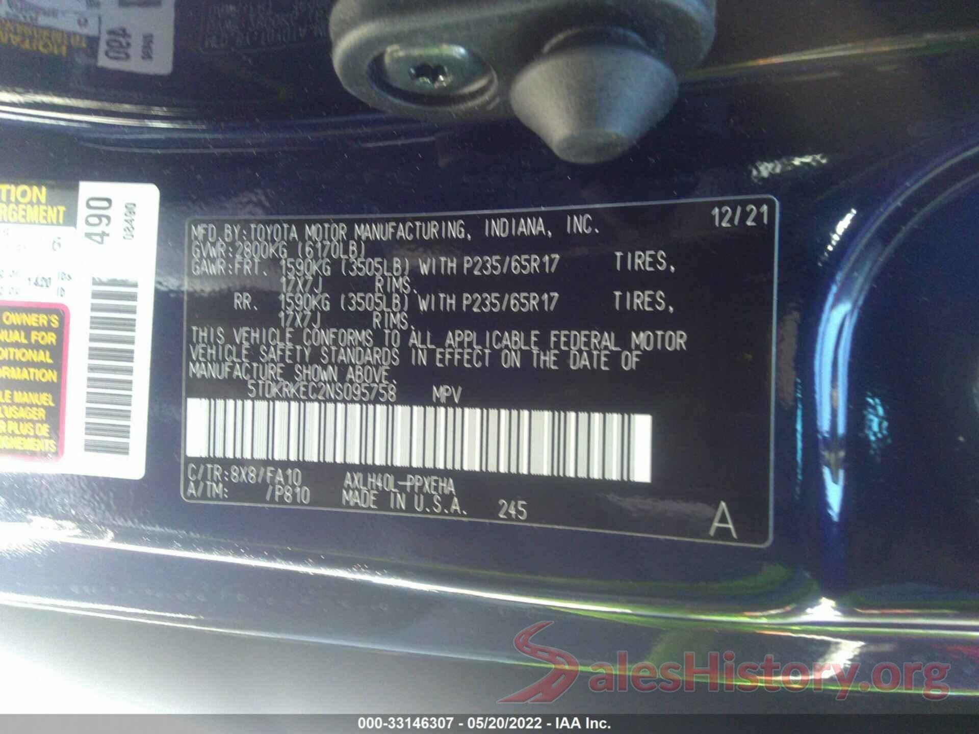 5TDKRKEC2NS095758 2022 TOYOTA SIENNA