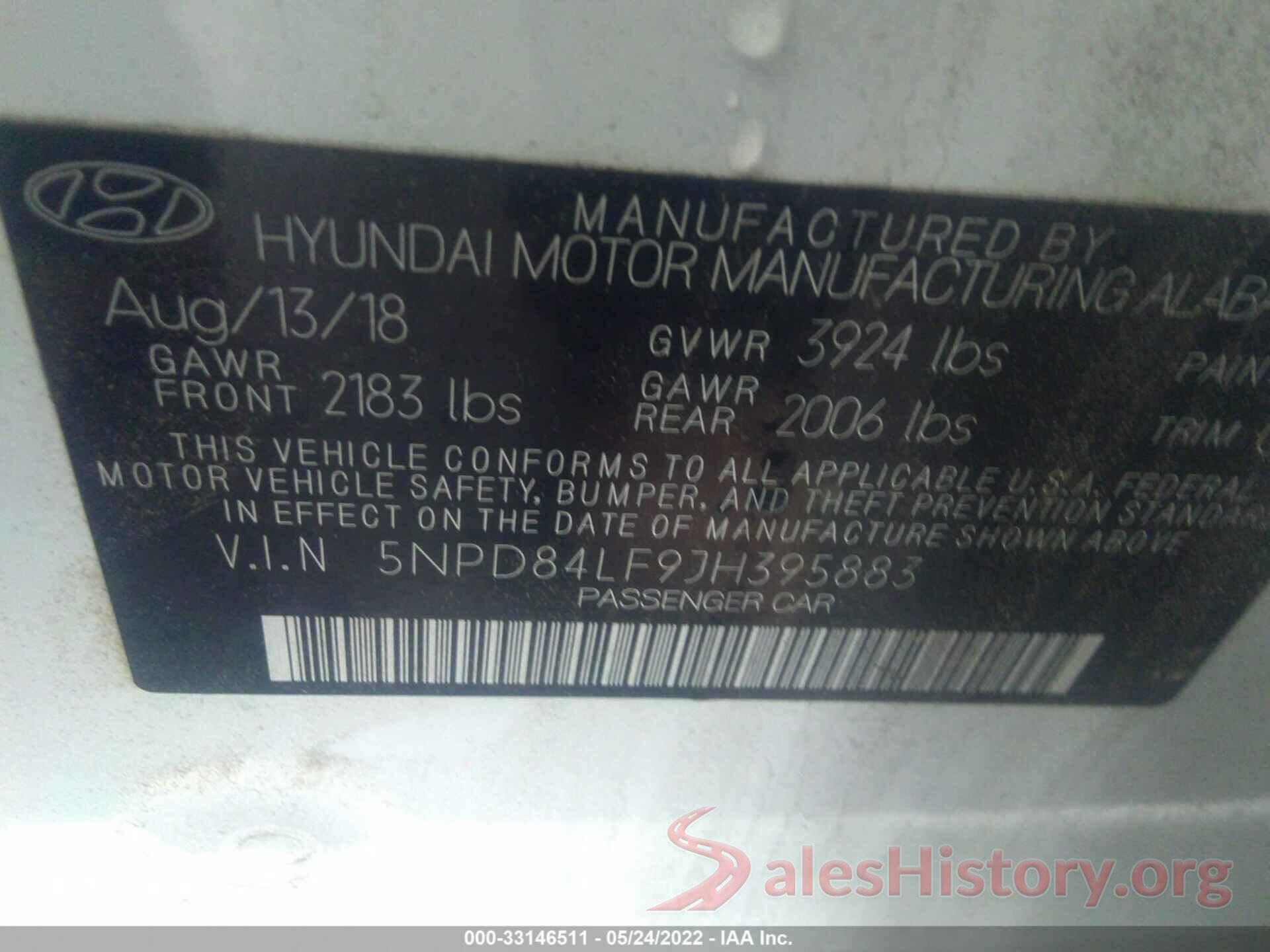 5NPD84LF9JH395883 2018 HYUNDAI ELANTRA