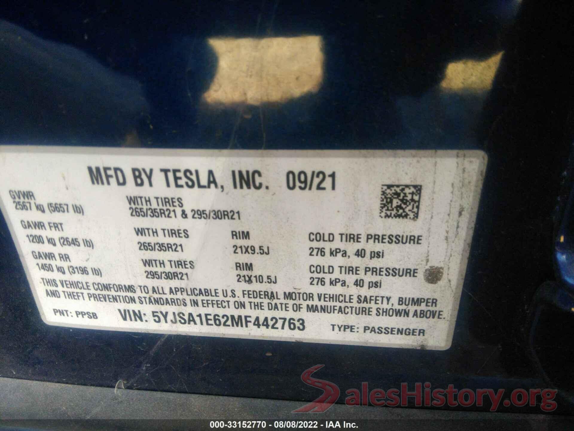 5YJSA1E62MF442763 2021 TESLA MODEL S