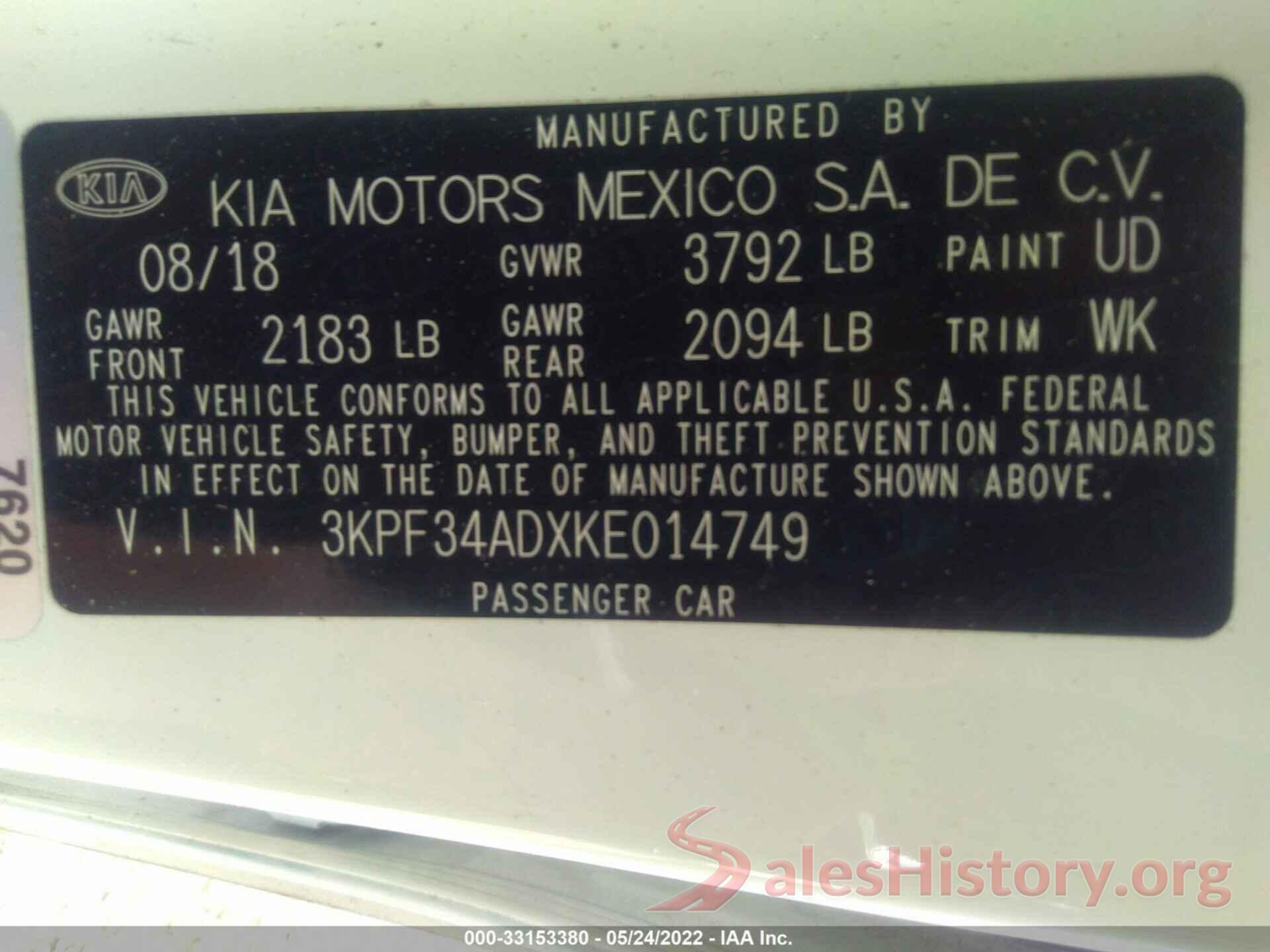 3KPF34ADXKE014749 2019 KIA FORTE