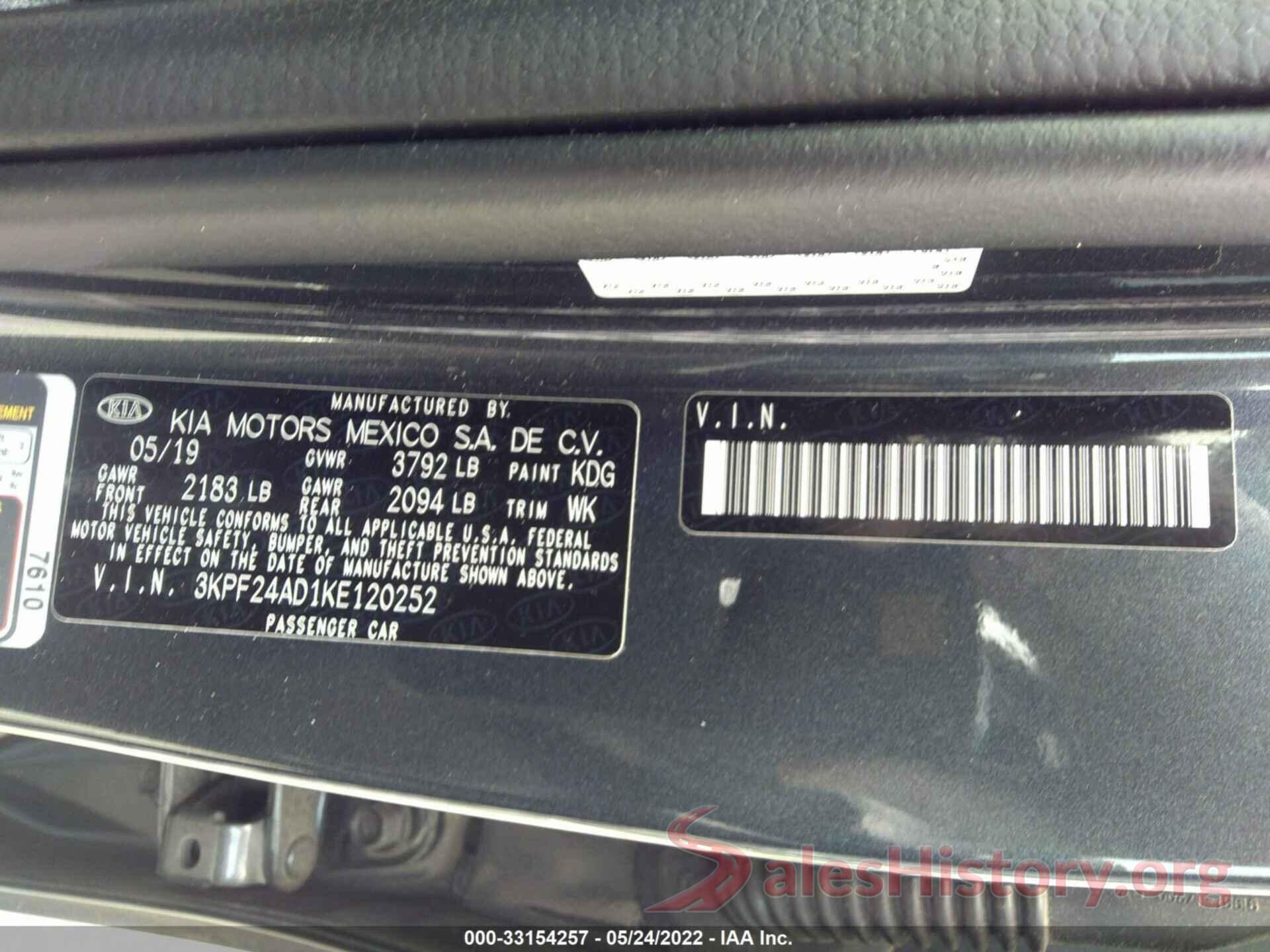 3KPF24AD1KE120252 2019 KIA FORTE