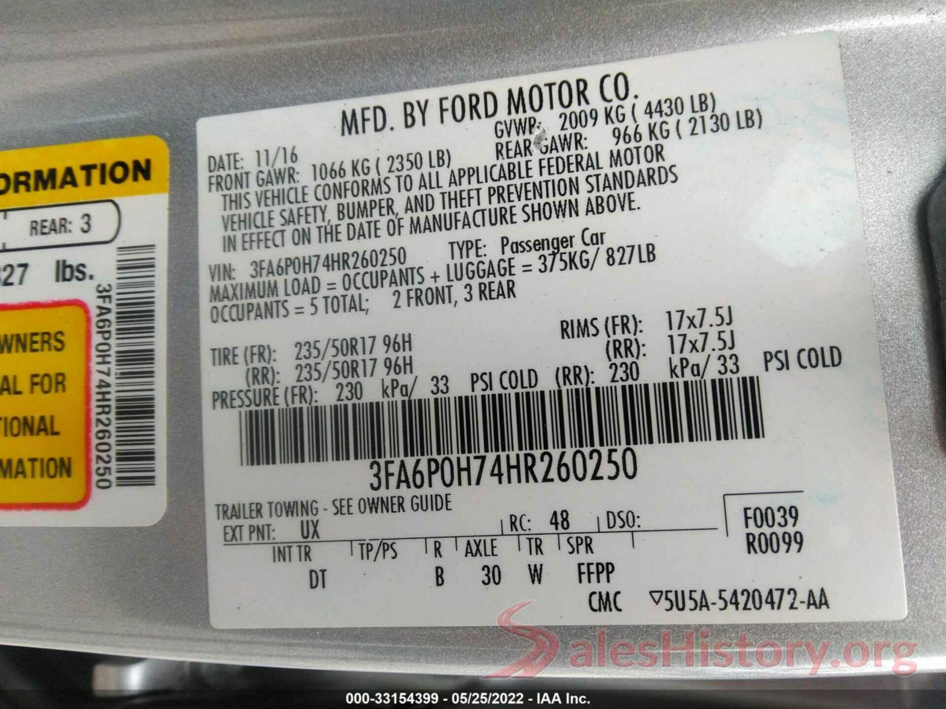 3FA6P0H74HR260250 2017 FORD FUSION