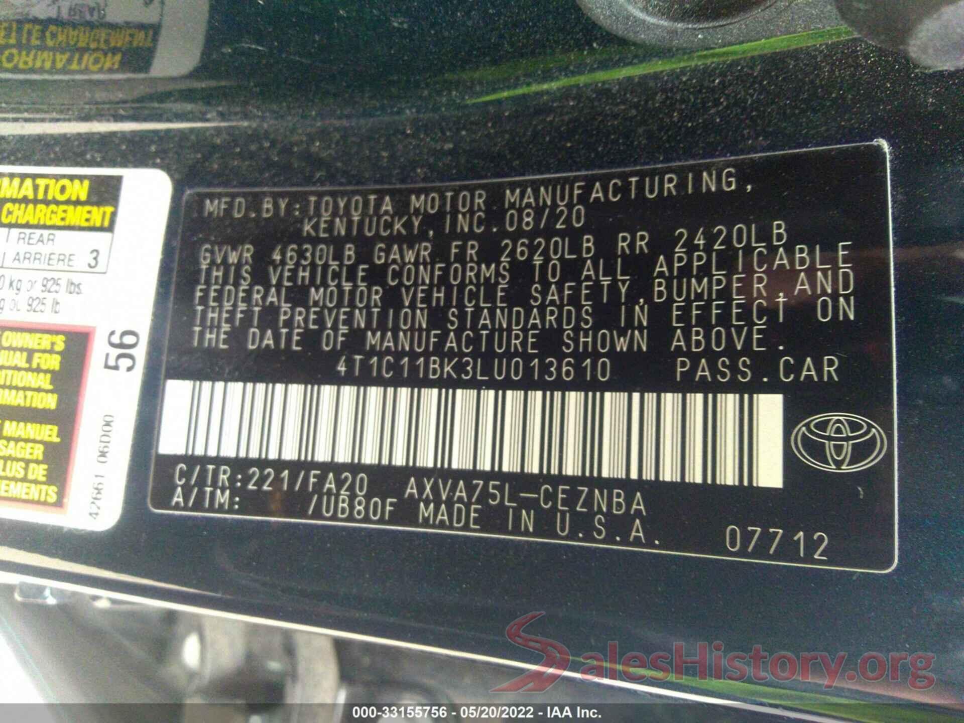 4T1C11BK3LU013610 2020 TOYOTA CAMRY