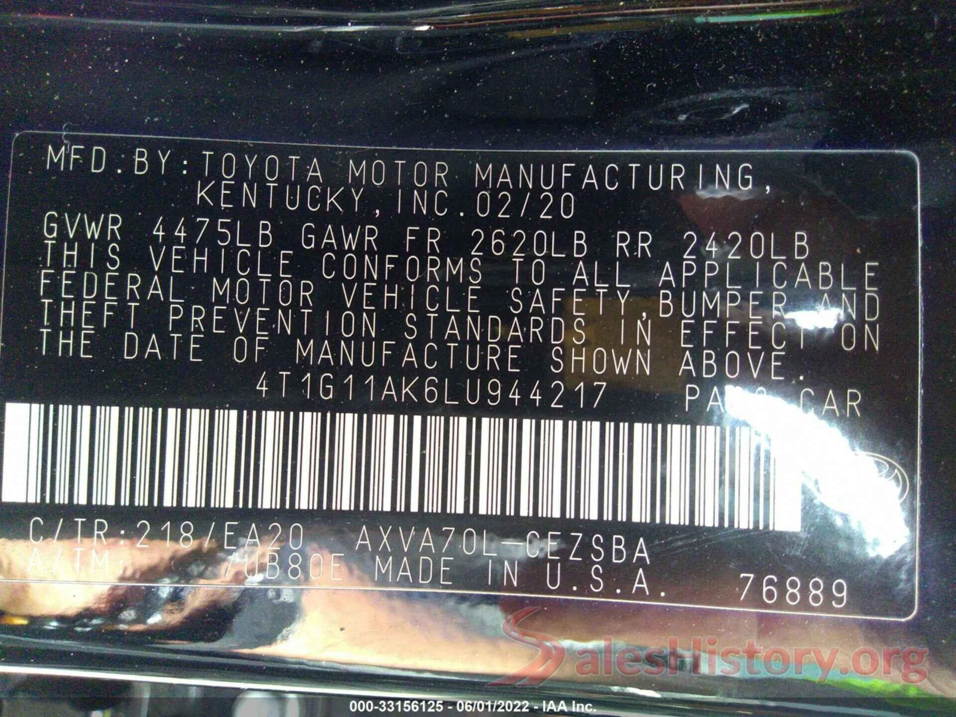 4T1G11AK6LU944217 2020 TOYOTA CAMRY