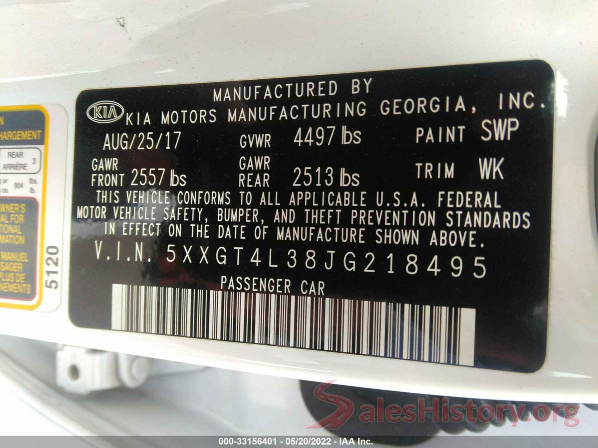 5XXGT4L38JG218495 2018 KIA OPTIMA