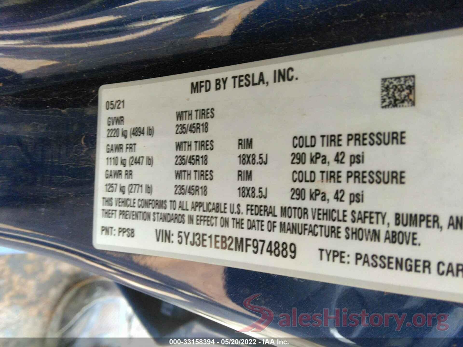 5YJ3E1EB2MF974889 2021 TESLA MODEL 3