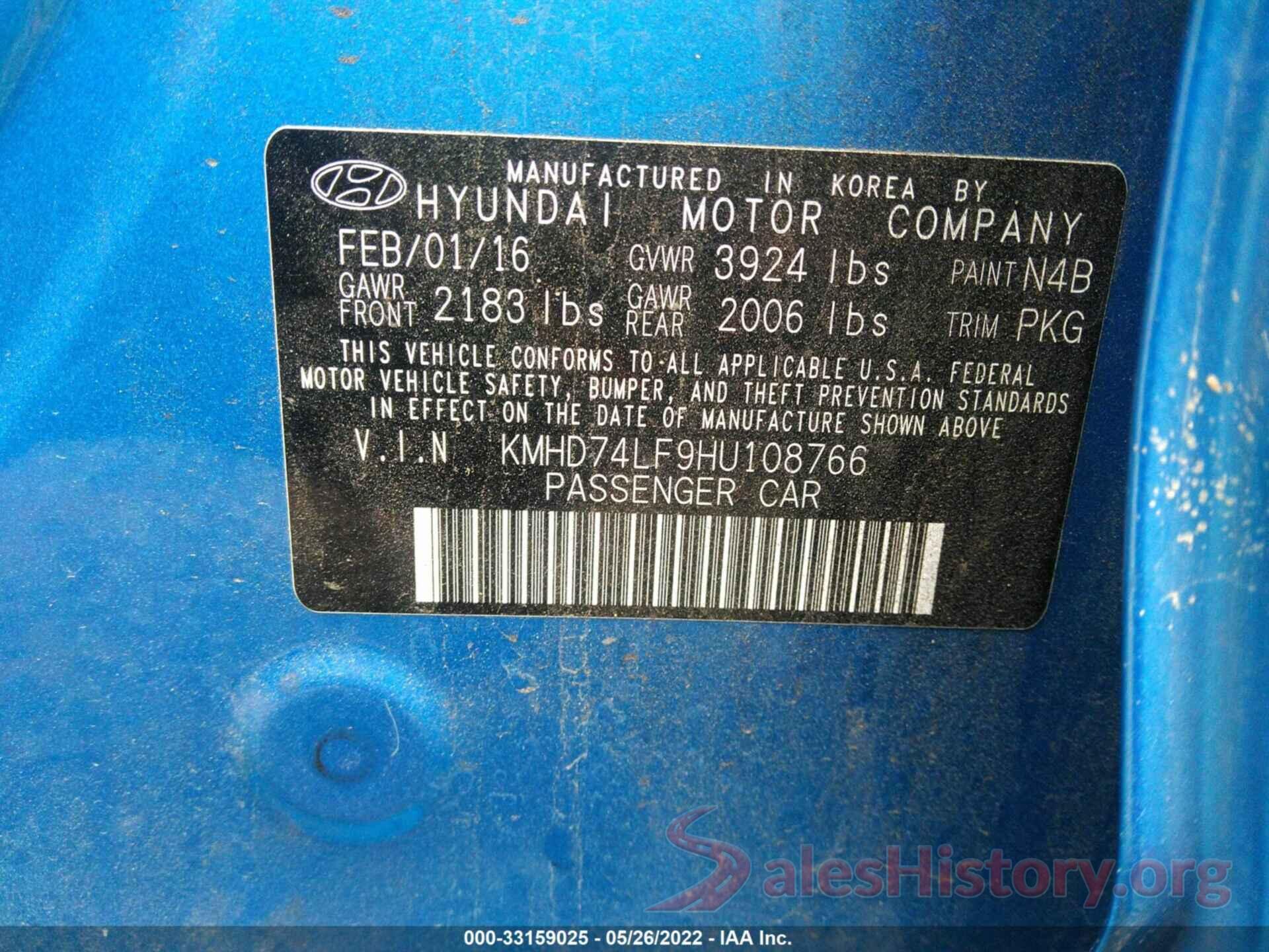 KMHD74LF9HU108766 2017 HYUNDAI ELANTRA