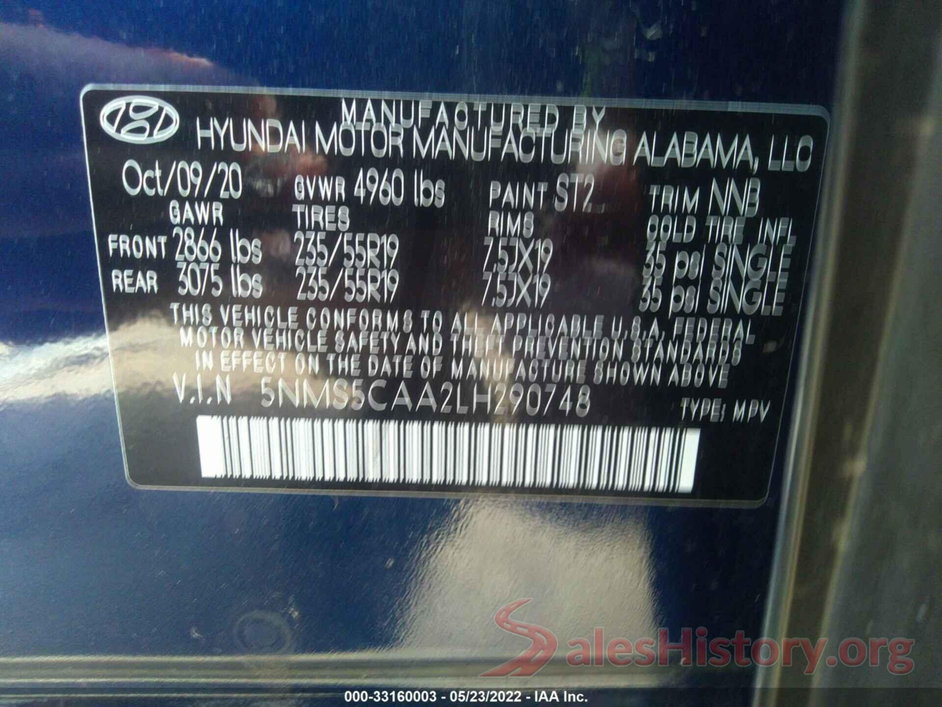 5NMS5CAA2LH290748 2020 HYUNDAI SANTA FE