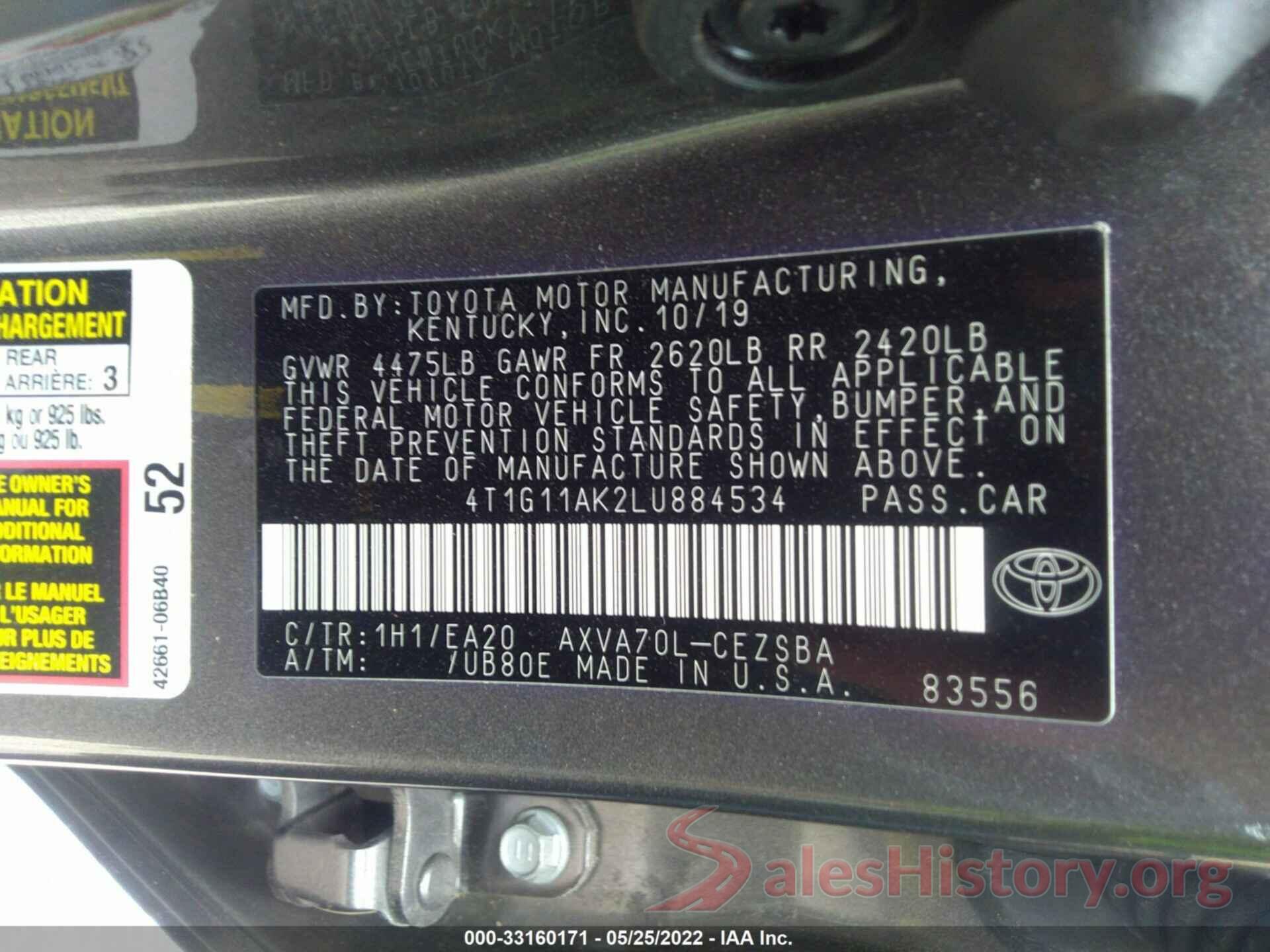 4T1G11AK2LU884534 2020 TOYOTA CAMRY