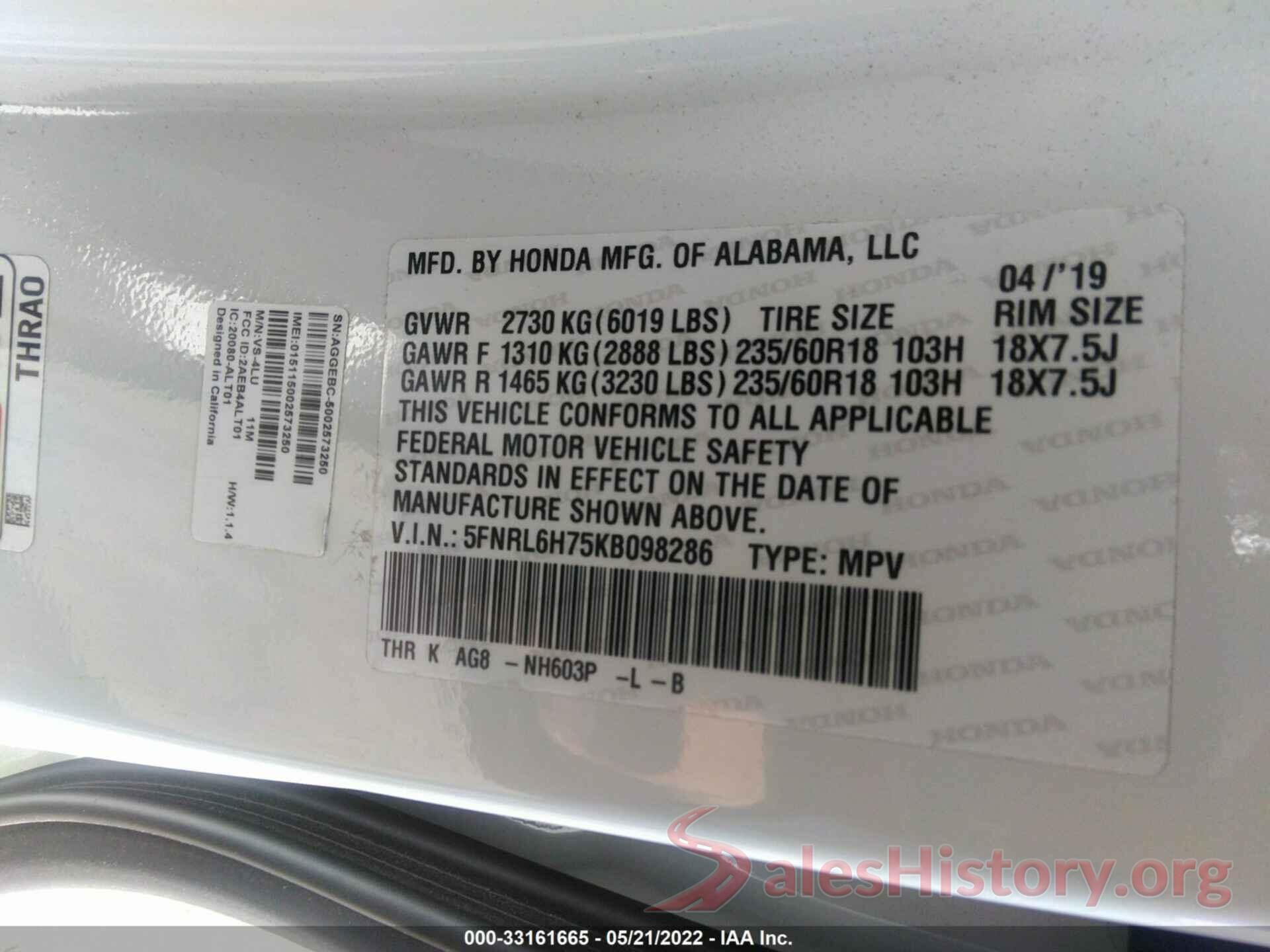 5FNRL6H75KB098286 2019 HONDA ODYSSEY