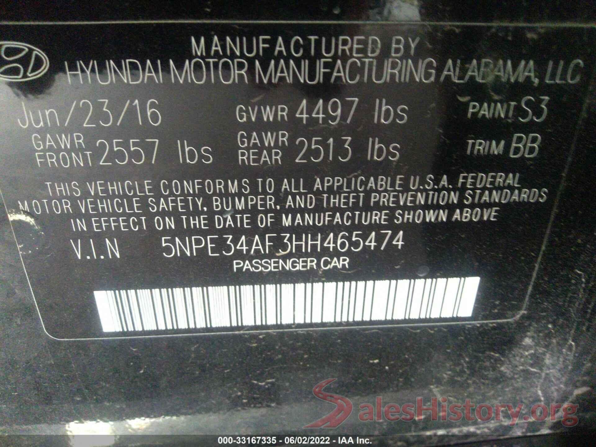 5NPE34AF3HH465474 2017 HYUNDAI SONATA