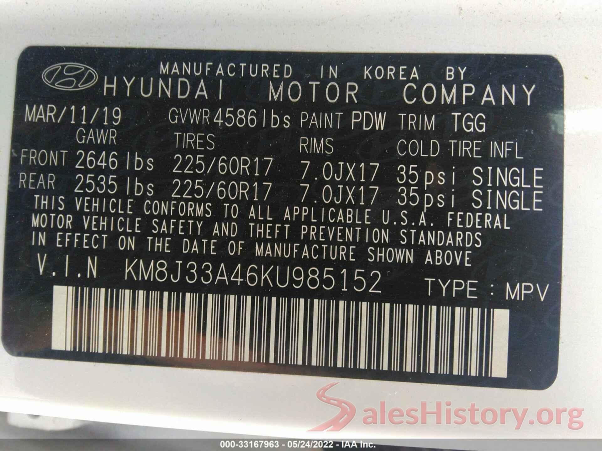 KM8J33A46KU985152 2019 HYUNDAI TUCSON