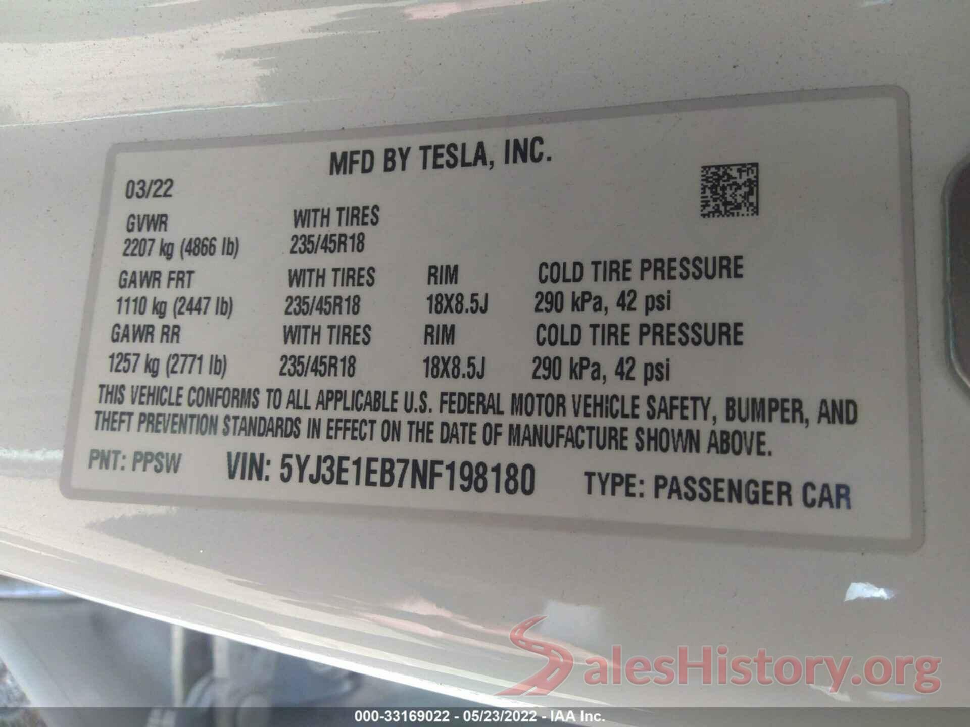 5YJ3E1EB7NF198180 2022 TESLA MODEL 3