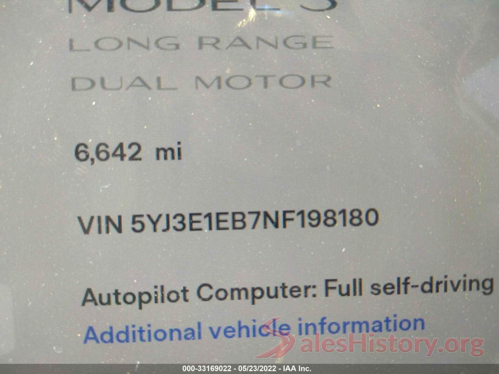 5YJ3E1EB7NF198180 2022 TESLA MODEL 3