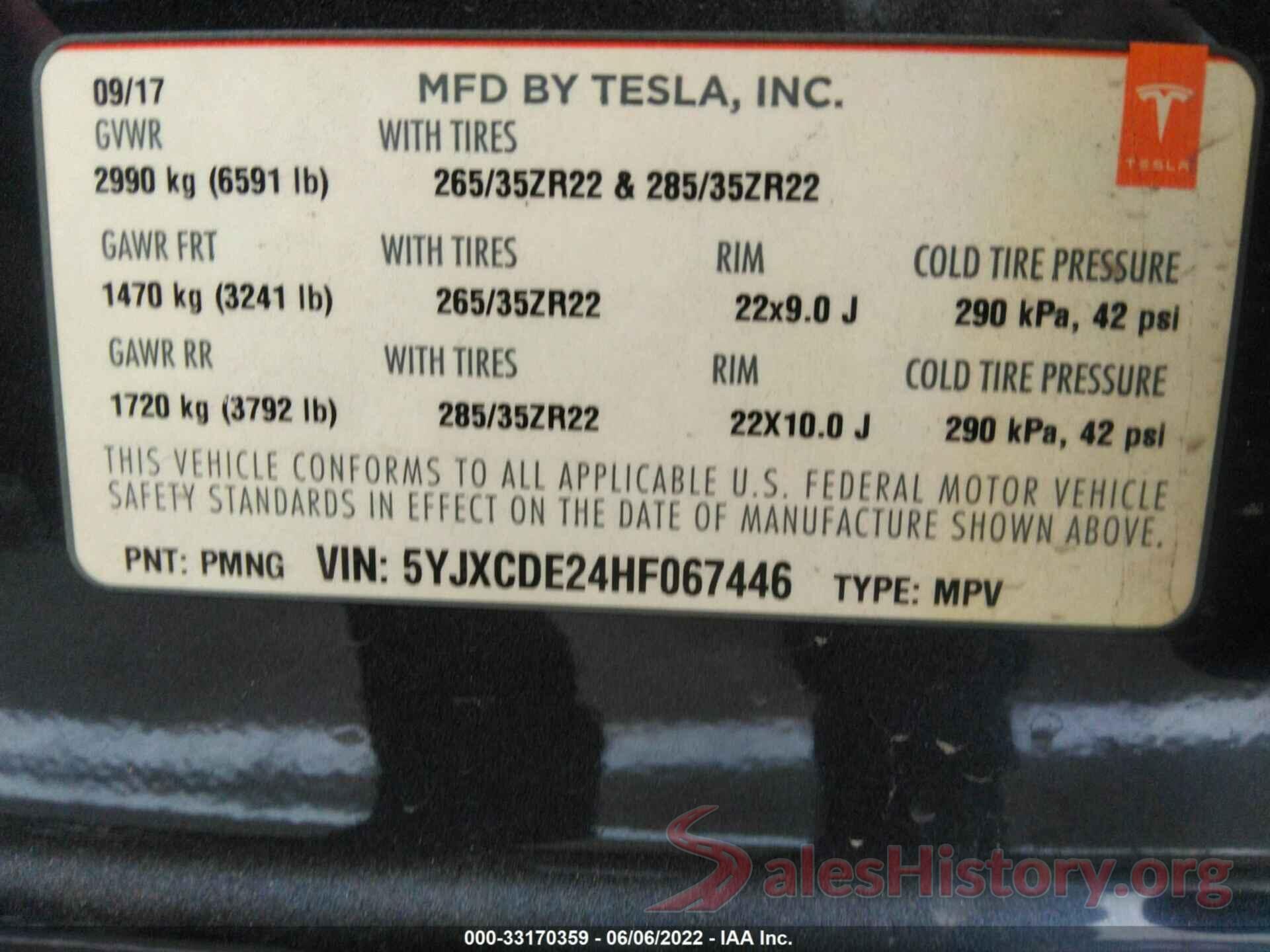 5YJXCDE24HF067446 2017 TESLA MODEL X