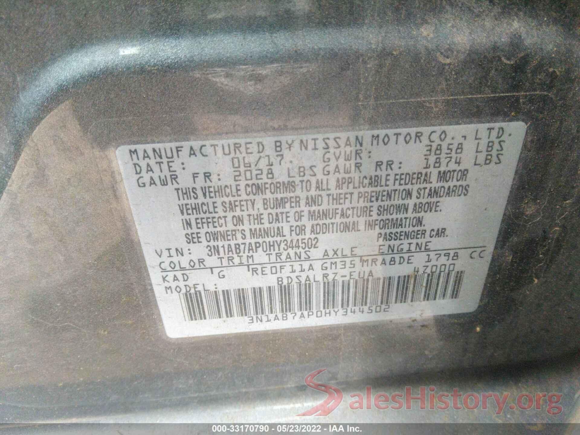 3N1AB7AP0HY344502 2017 NISSAN SENTRA